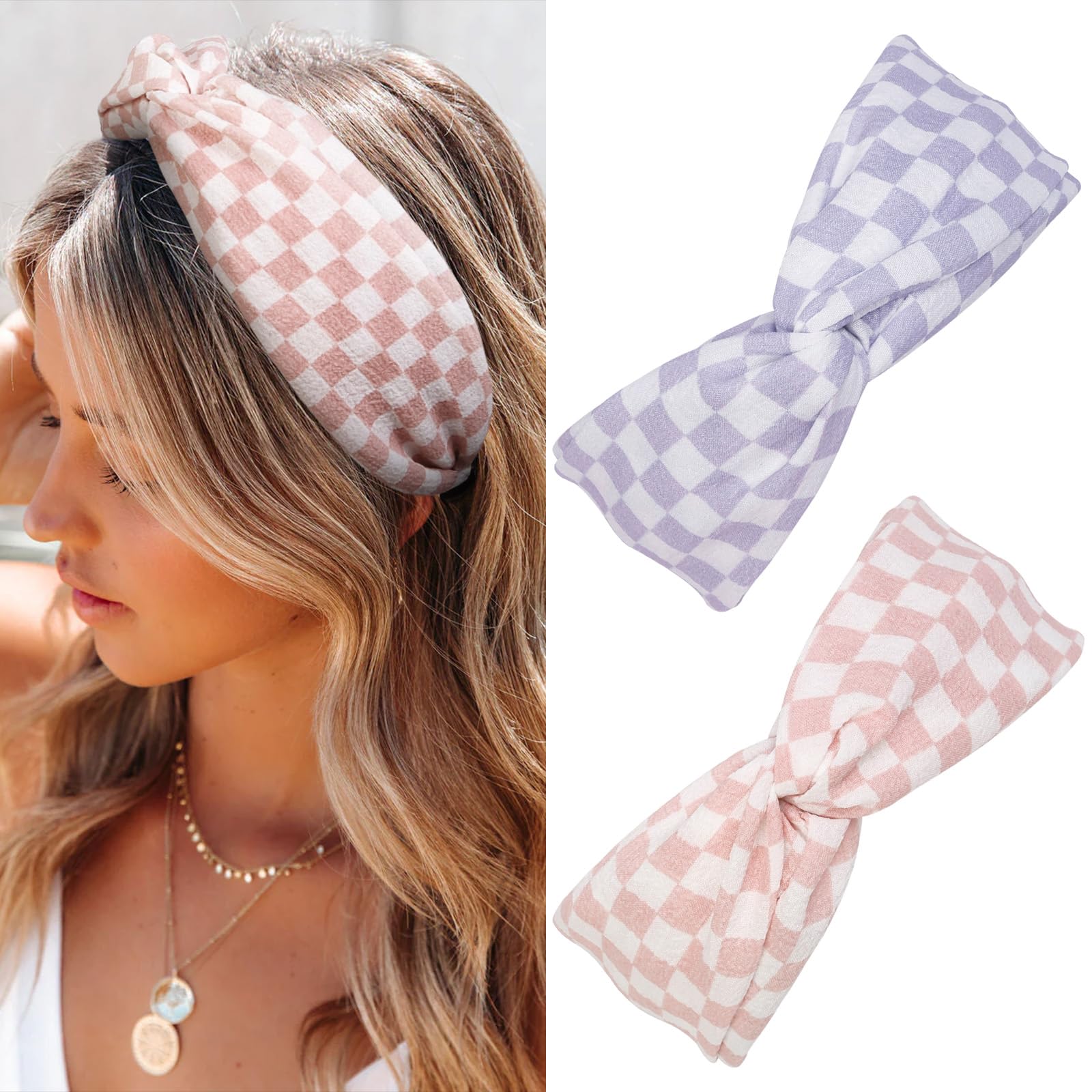 TEBIEKOY Twisted Plaid Headbands for Women Non Slip Fashion Hairbands Checkered Knotted Headband for Womens Hair Band Wide Thick Plastic Head Band