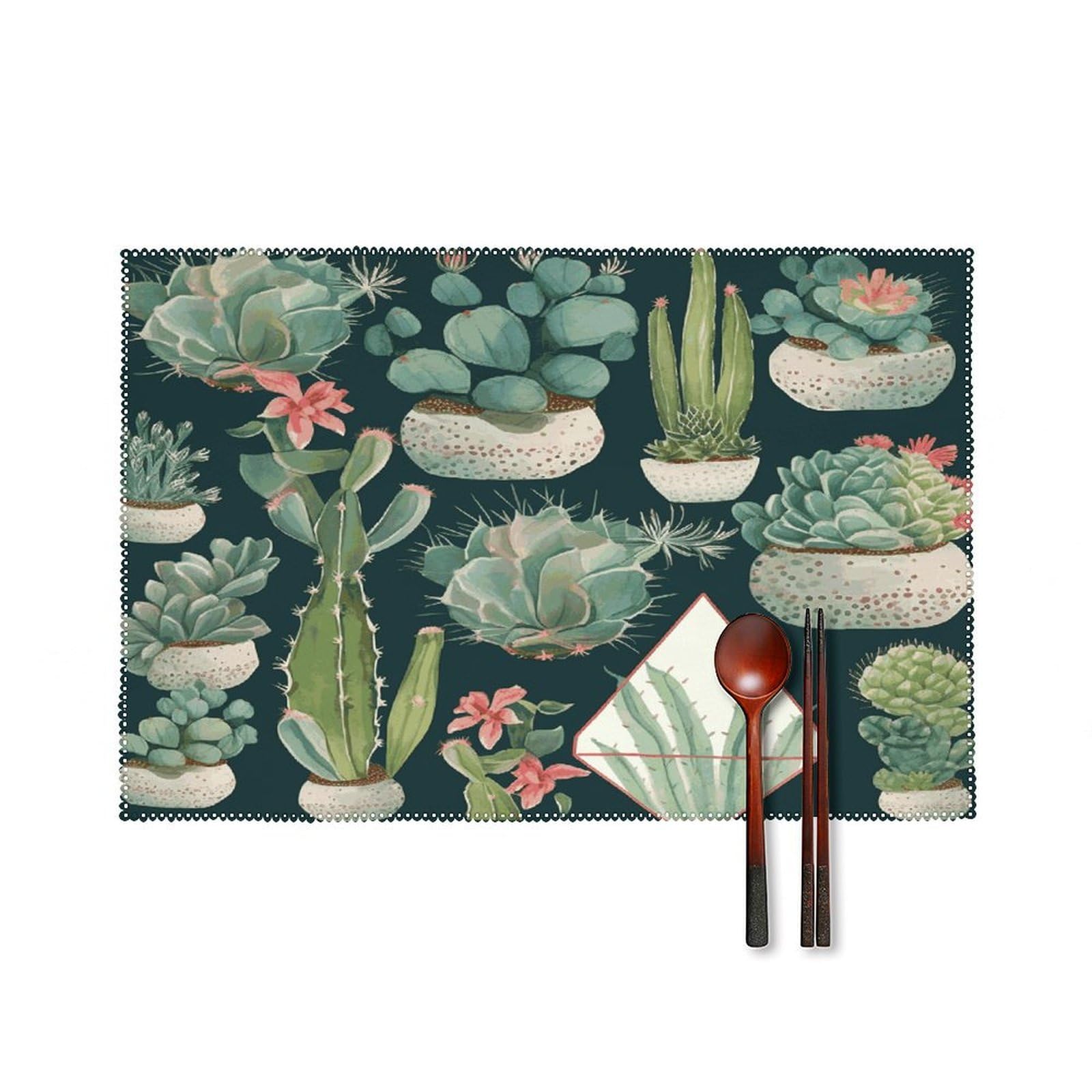 Succulent Plants and Cactus Placemats Set of 4 Non-Slip Heat Resistant Table Mats Canvas Washable Cloth Place Mats Easy to Clean Premium Placemat for Kitchen Dining Table Decoration