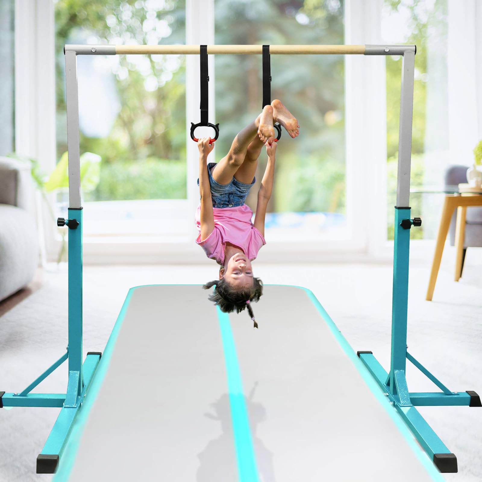 FBSPORT Barra de Gimnasia para Niños Barra Horizontal de Gimnasia con 13 Altura Ajustable de Barra de Entrenamiento con Anillos de Gimnasia Barra de Entrenamiento de Gimnasia expandible Junior Verde