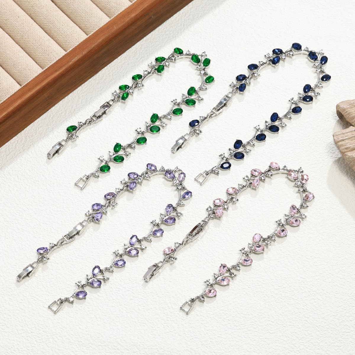 Crystal Leaf Bracelet for Women Dainty Rhinestone Leaves Tennis Adjustable Bracelet
