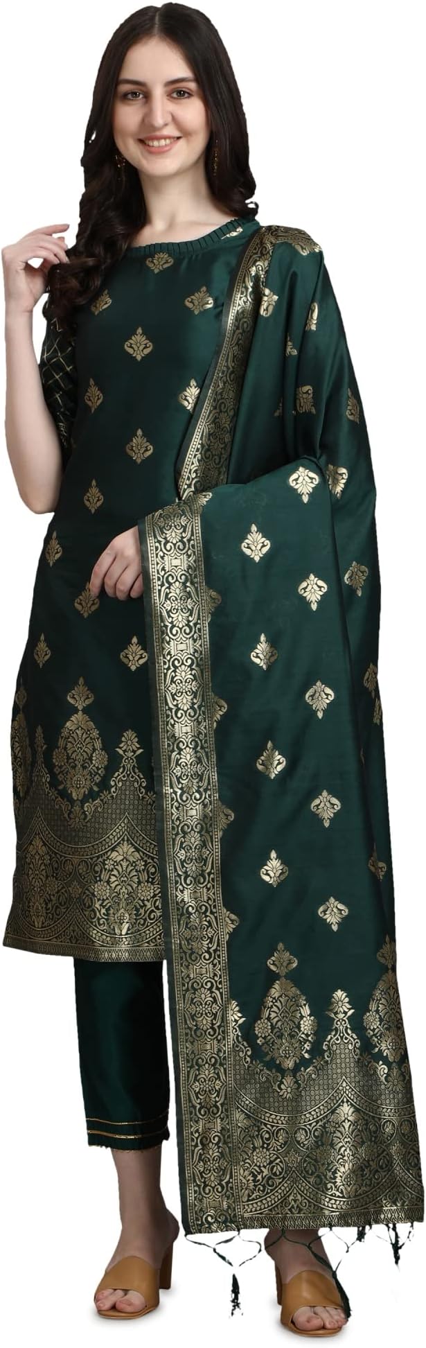 VredeVogel Women's Cotton Silk Jacquard Kurta Pant with Dupatta Set