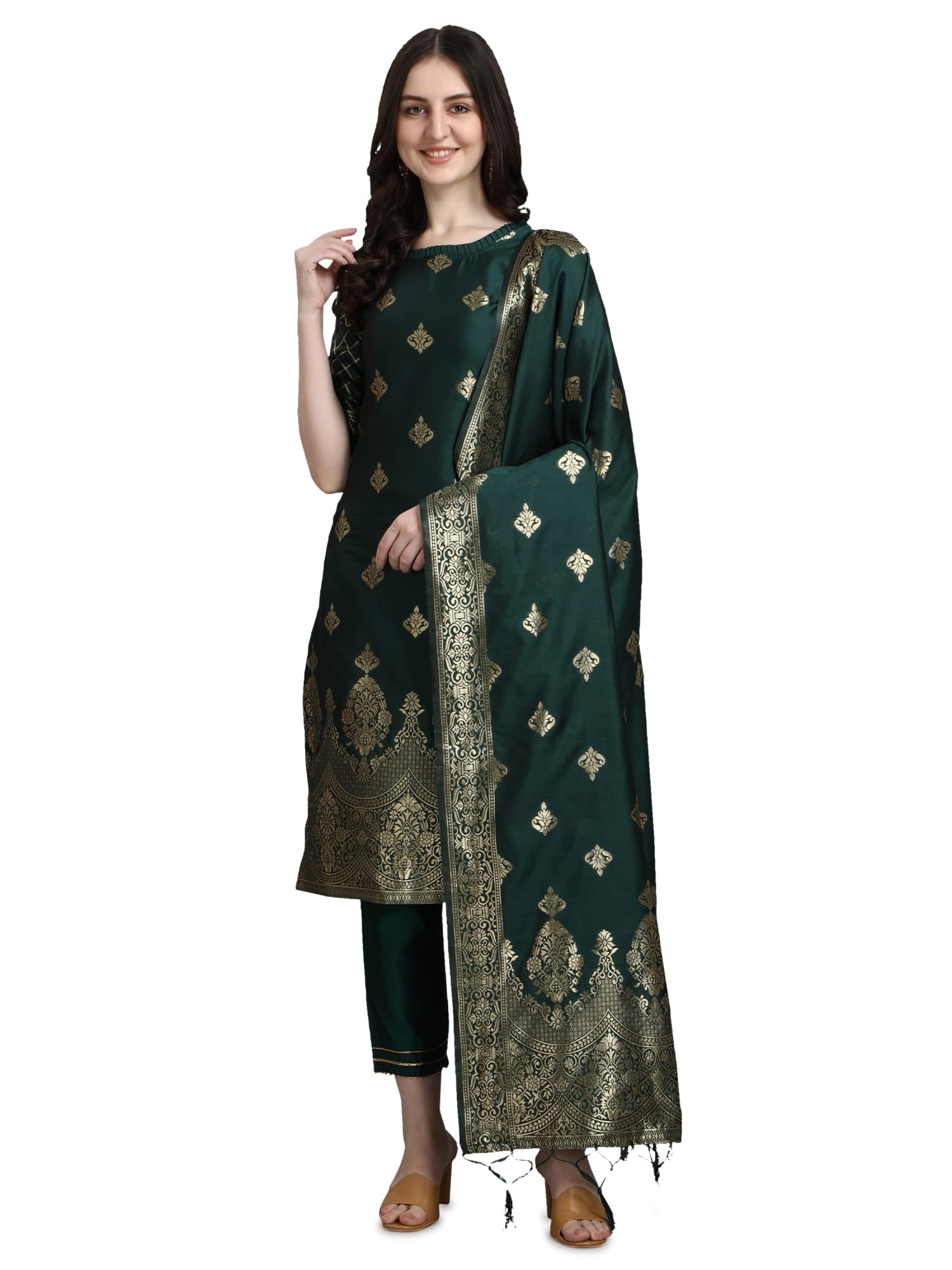 VredeVogelWomen's Cotton Silk Jacquard Kurta Pant with Dupatta Set