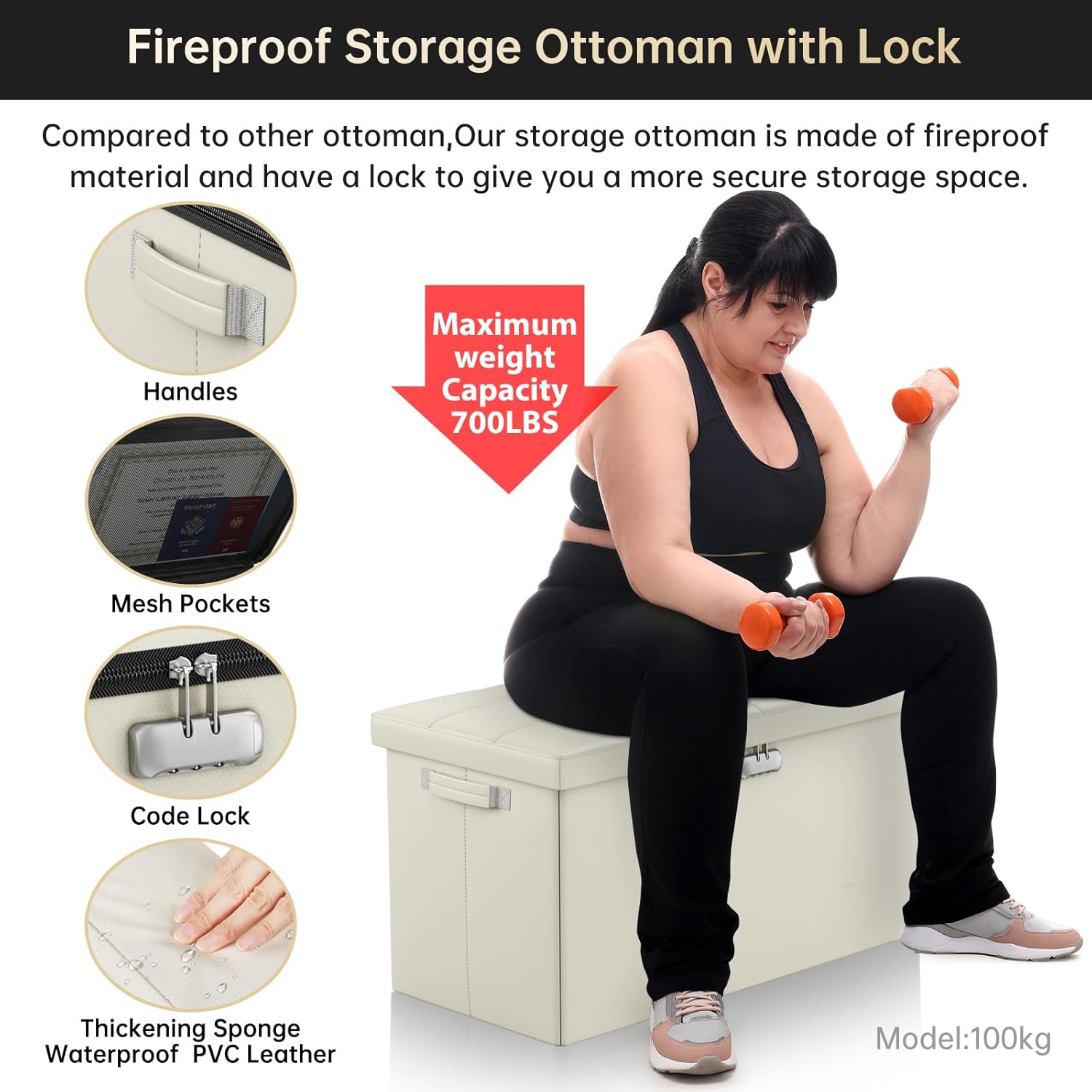 ENGPOW Storage Ottoman Bench,Fireproof Folding Bench with Lock,30 Inches Fire＆Water Resistant Storage Chest Foot Rest Stool Leather Bedroom Ottoman Safe for Documents,Valuables, Beige