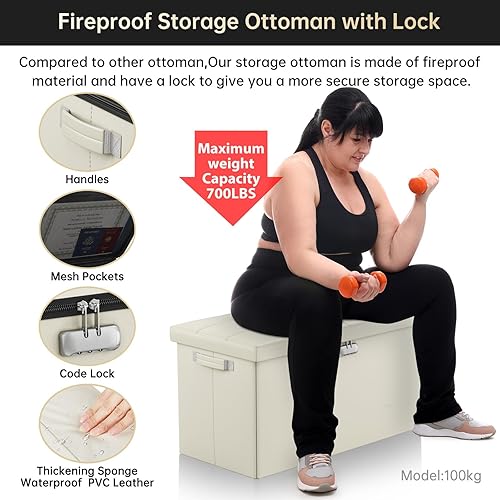 Miniatura 7 de ENGPOW Banco otomano de almacenamiento, banco plegable ignífugo con cerradura, 30 pulgadas, resistente al fuego y al agua, reposapiés, taburete