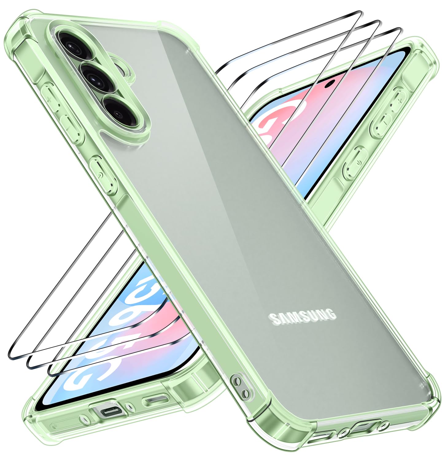 ivoler Nie Vergilbung Klar Hülle für Samsung Galaxy A56 5G mit Stoßfest Schutzecken, 1 Handyhülle mit 2 Stück Panzer Schutz Glas, [Militärischer Schutz] Transparent Schutzhülle Dünn Case - Grün