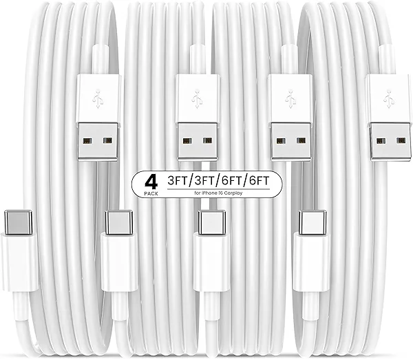 Bayznqiu USB to USB C Cable with CarPlay, [4-Pack, 3FT&6FT] USBA to Type C Fast Charging Cords for iPhone 17/17 pro/17 pro max/17 air/16/16 Plus/16 Pro/16 Pro Max/16e/15,Pixel,Galaxy,Note