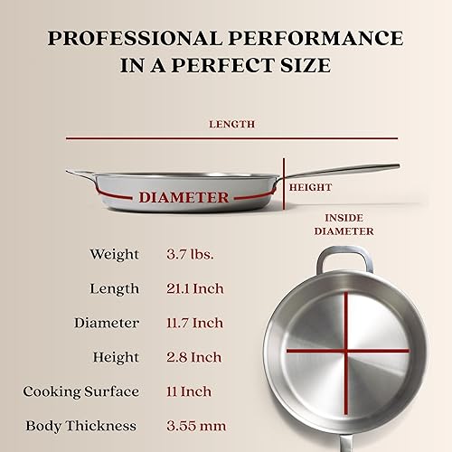 Miniatura 7 de Alva Maestro - Juego de sartenes de acero inoxidable no tóxico de 9.5 y 11 pulgadas, PFAS, PFOA, sin PTFE, sartenes de acero inoxidable de 5 capas