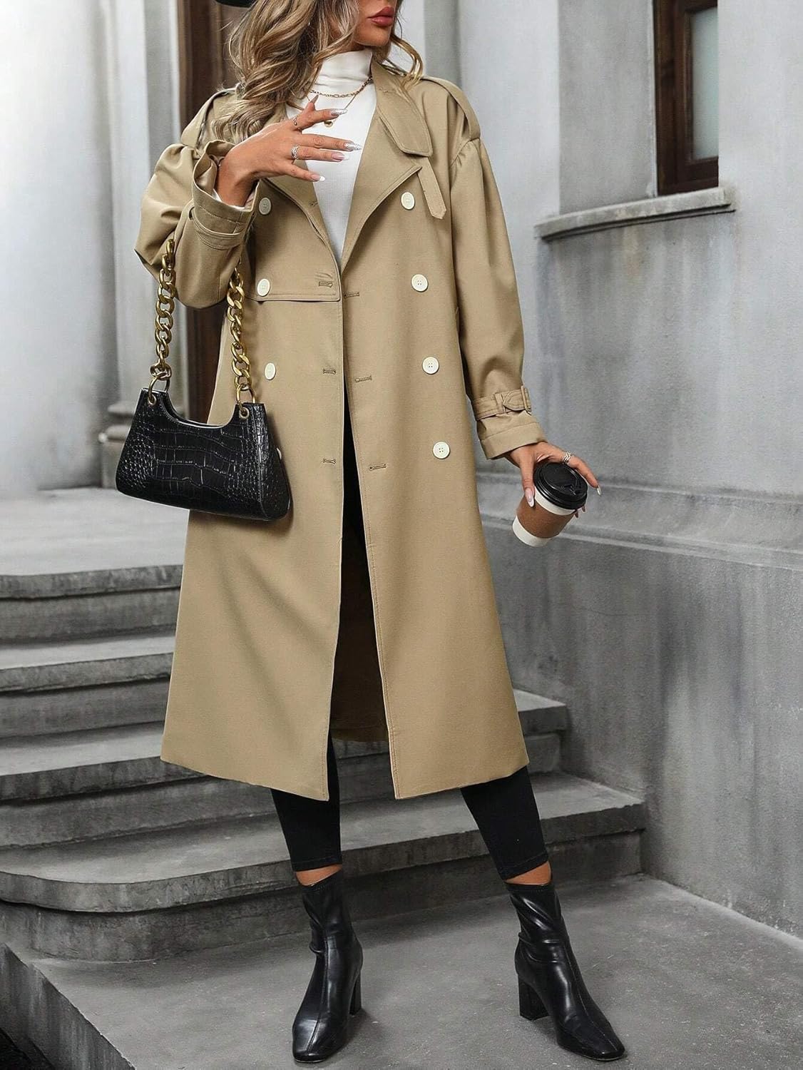 Womens Fashion Trench Outwear Double Breasted Belted Trench Coat Jacket Coat