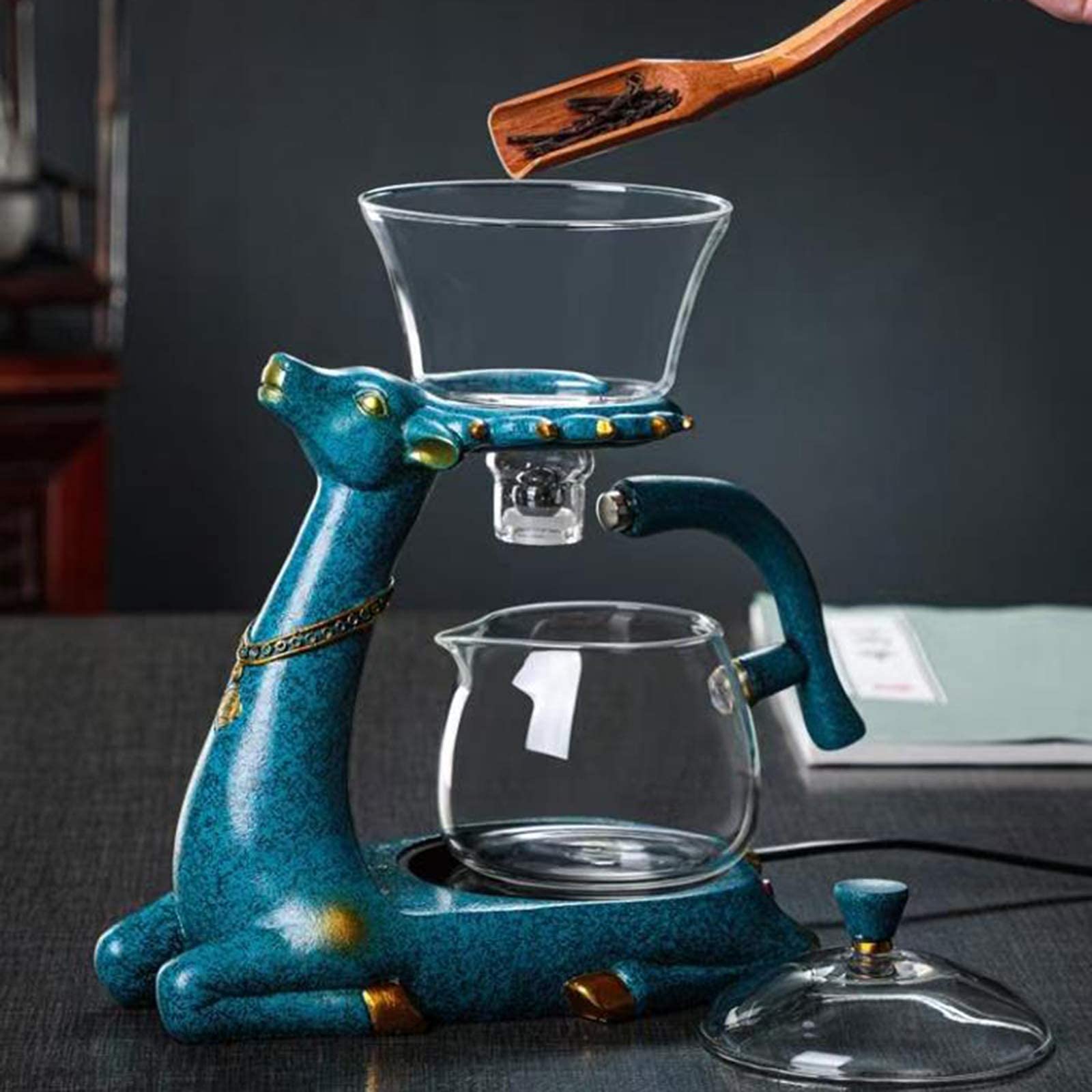 Aoheuo Kungfu Service à thé en verre avec chauffage, couvercle rotatif, bol et théière en verre semi-automatique (bleu - sans tasse)