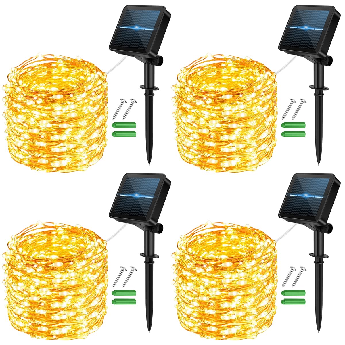 Micocali Warm White Solar Fairy Lights Outdoor,4Pack 12M/40Ft 120Led Solar Garden Lights With 8 Modes Waterproof Copper Wire Decorative String Light For Yard, Party, Wedding, Patio (Warm White)