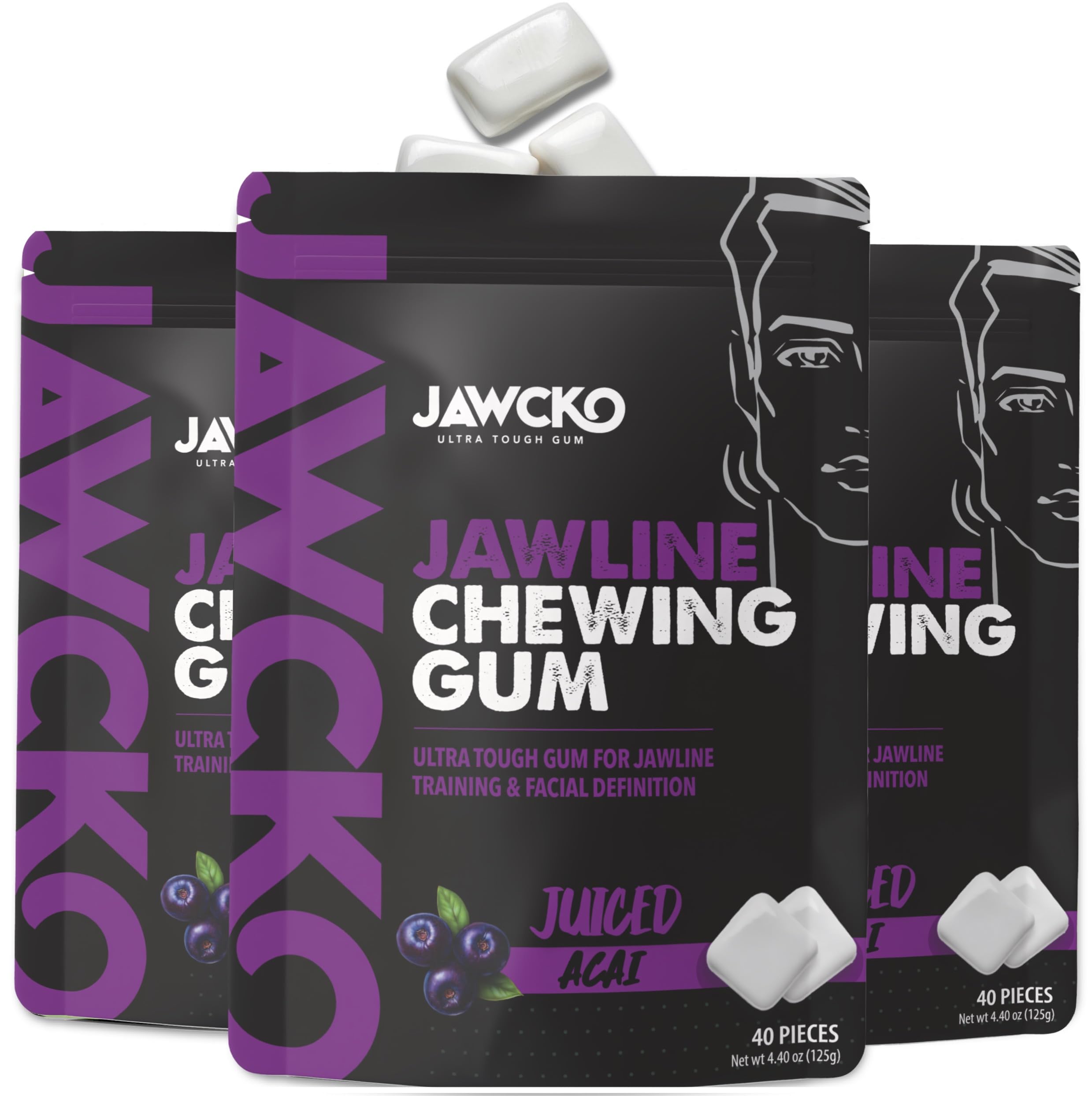 JAWCKO Ultra-tough Jawline Chewing Gum | Get a Stronger, Squarer Jawline | Juiced Acai Jaw Training Hard Gum | Chisel, Sculpt, Tone your Jaw | 15X Hardness | Facial Fitness Mewing Gum | 40 Pieces/Pack