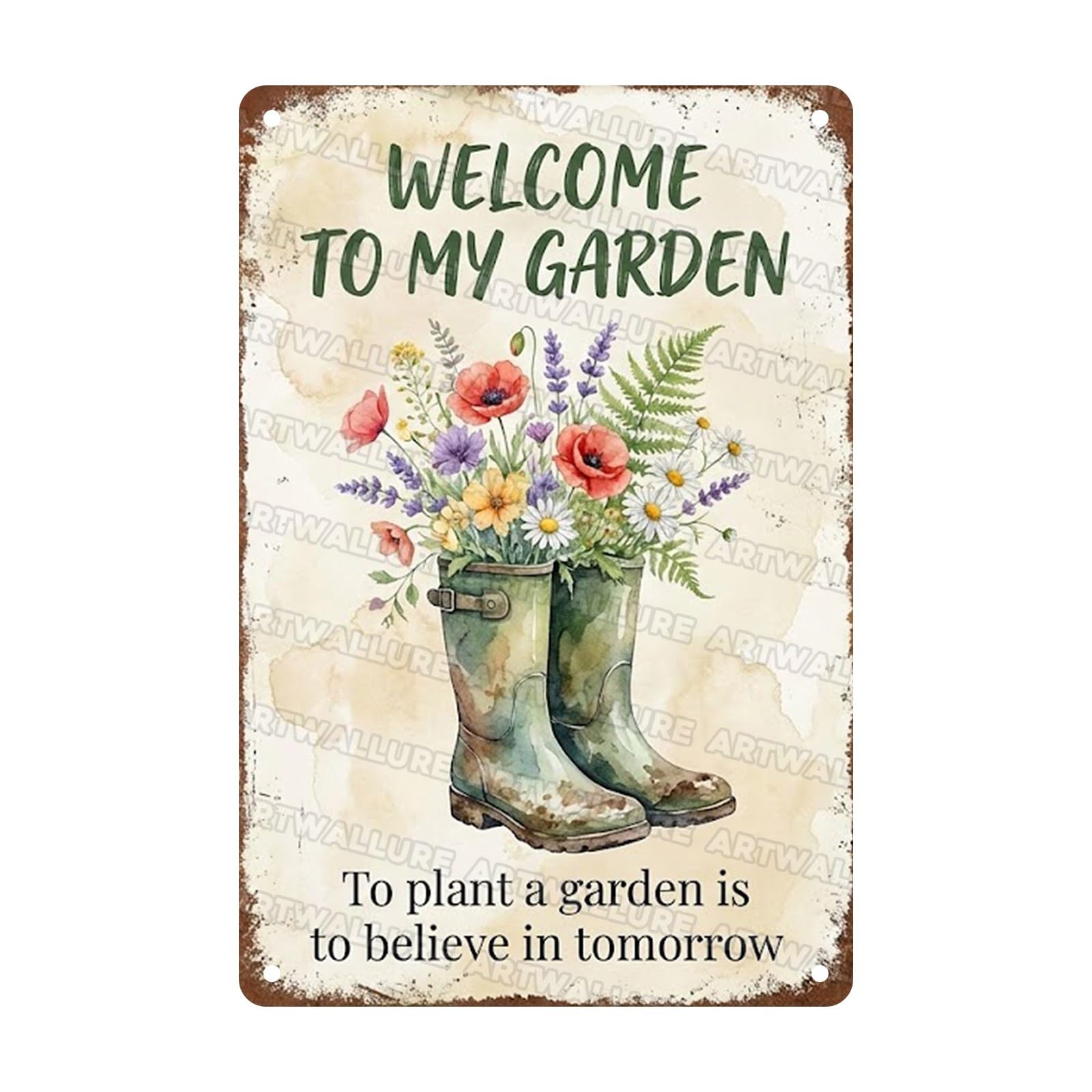 Garden Sign Floral Metal Tin Sign Watercolor Wildflower Rain Boot Welcome Wall Decor To Plant a Garden is to Believe in Tomorrow Sign for Women Mom Grandma Garden Gate 8x12Inch