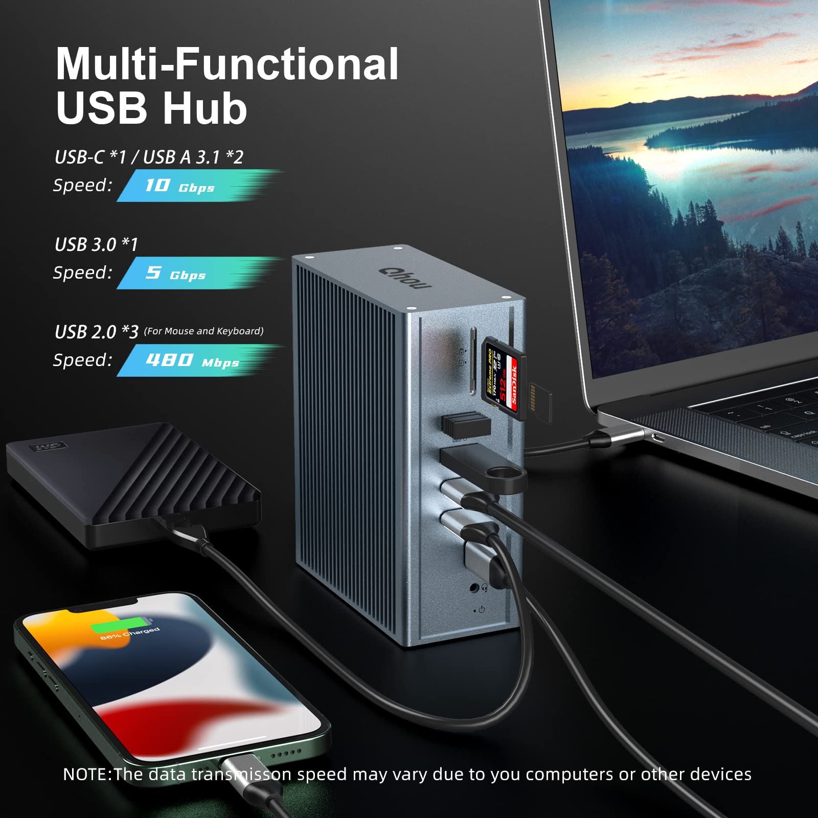 Qhou Docking Station USB-C 16 in 1 Docking Station USB C, tripla HDMI, 100 W PD, Ethernet, audio da 3,5 mm, 2 USB A e USB C, SD/TF per computer portatili Mac Pro/Air e Thunderbolt 3