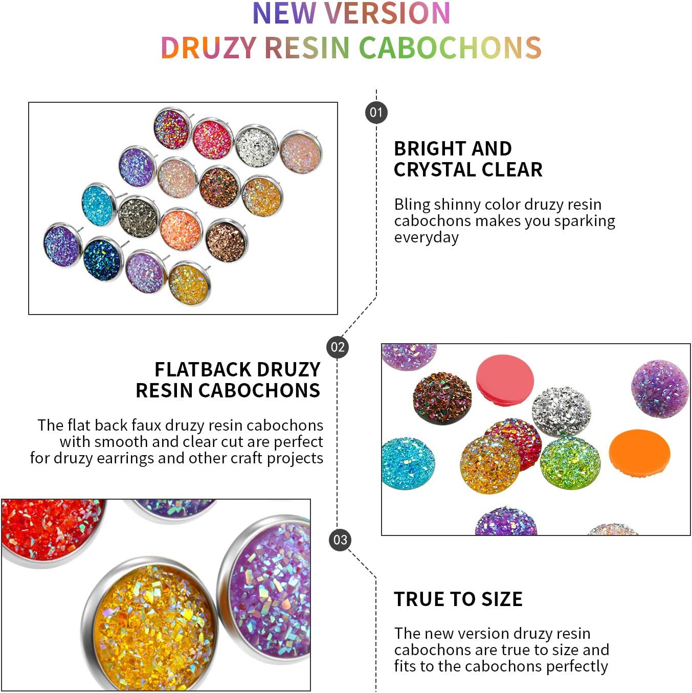 Maitys BOAO 200 Pcs 20 Colors Druzy Resin Cabochons Stainless Steel Stud Earring, Faux Druzy Cabochons Round Flat Back Dome for Jewelry Making, DIY Craft(10 mm,Silver Stud Earring) - Image 5