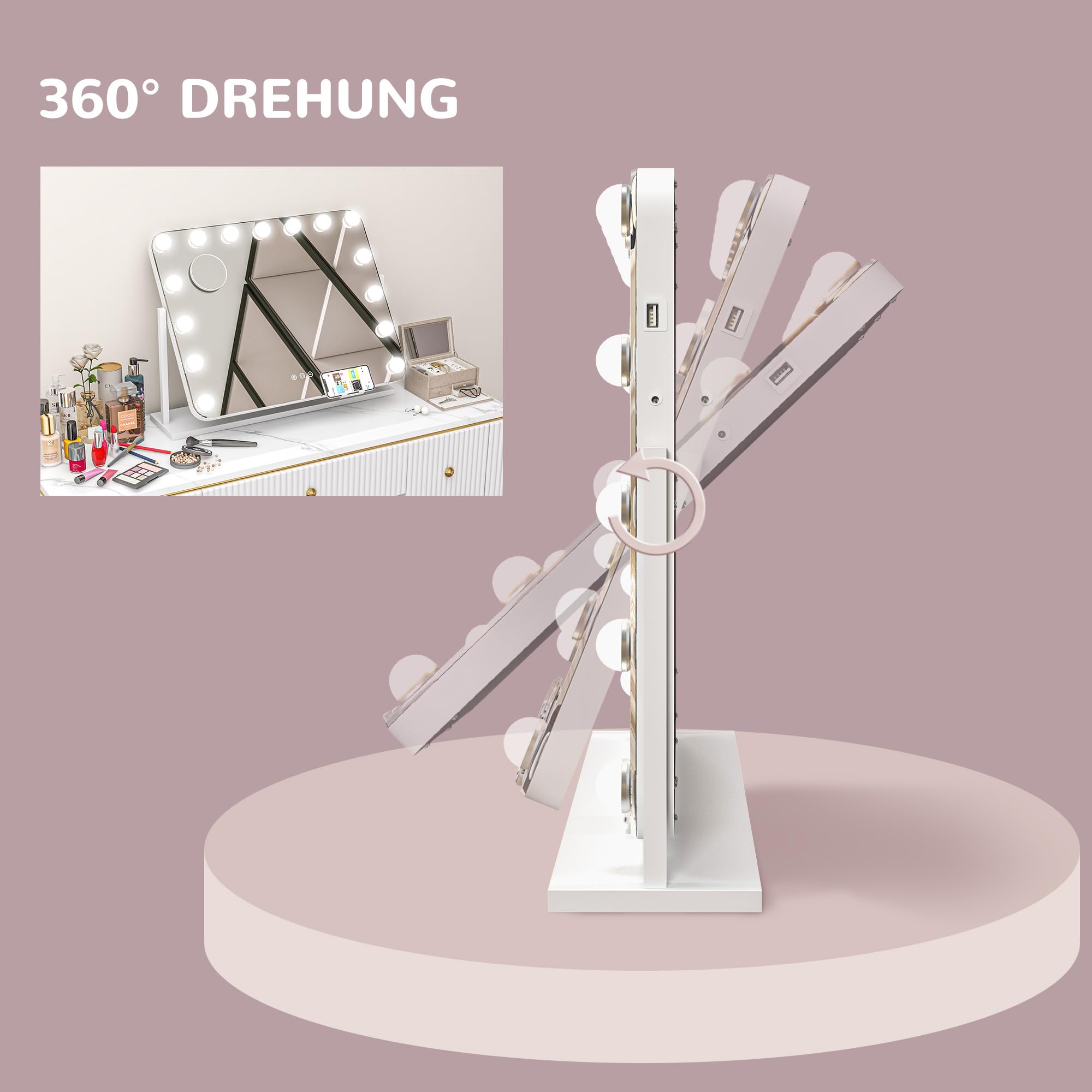HOMCOM Hollywood Spiegel mit Beleuchtung 62,5x52 cm Schminkspiegel Weiß | 360°Drehbar, 15 LED, 3 Lichtfarben, USB-Ladeanschluss, Handyhalterung, Touchschalter, Kosmetikspiegel, 10X Vergrößerung