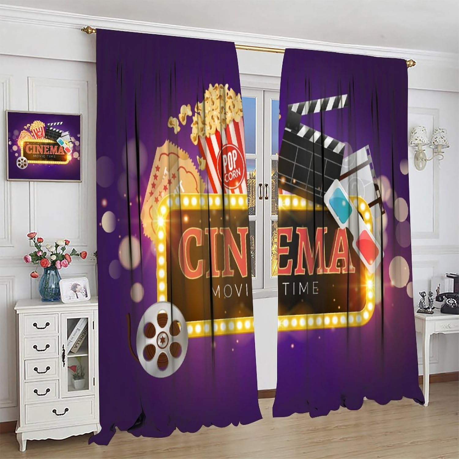 Movie Theater Blackout Curtains Vintage Cinema Film Reel Tickets Popcorn Movie Time Banner Shining Sign Art Print for Bedroom Living Room Decor Rod Pocket Blackout Window Drape 42x45in, Style-16