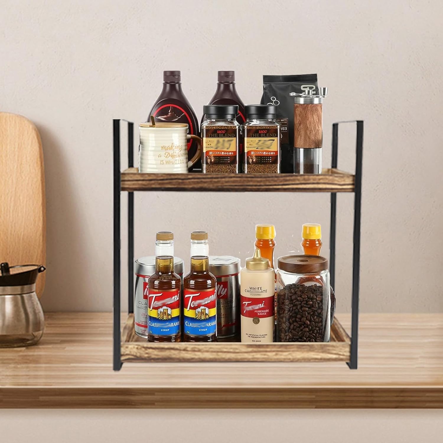 Organizer per bar in legno a 2 animali, ideale per conservare spezie da cucina, articoli da toeletta e accessori da caffè per piani d'ufficio