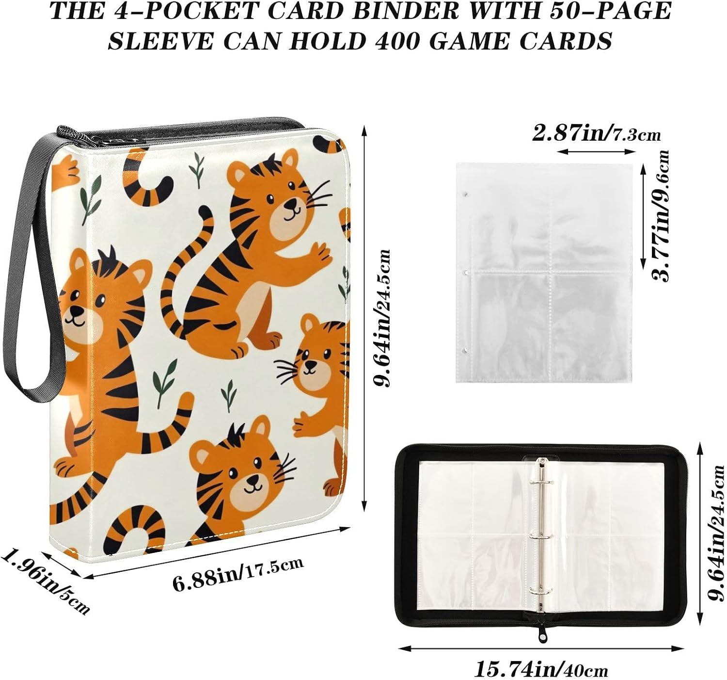 Cute Tigers Card Binder Card Storage Album with Zipper Trading Card Binder