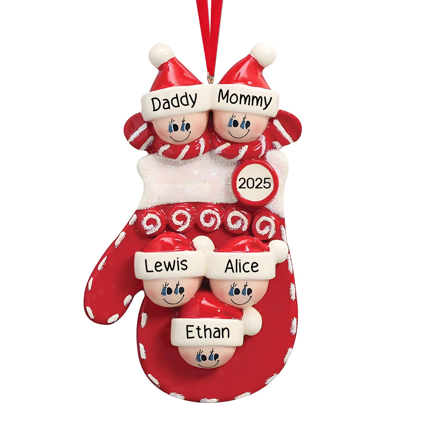 2025 Personalised Christmas Bauble - Red Mitten Family Bauble with Names and 2025, Custom Family of 2/3/4/5/6 Christmas Tree Decoration, Xmas Hanging Ornament