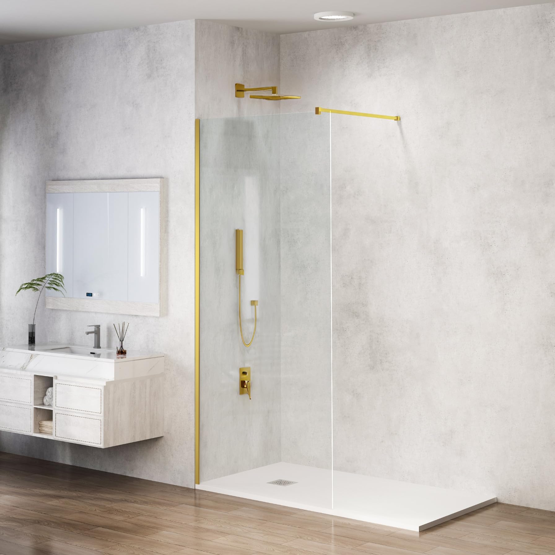 Mampara de Ducha Dorada 50 x 200 cm - Panel Fijo de Cristal Templado 8 mm con Tratamiento Antical Easy Clean - Instalación Reversible Izquierda/Derecha - Ideal para Ducha de Obra Walk-In