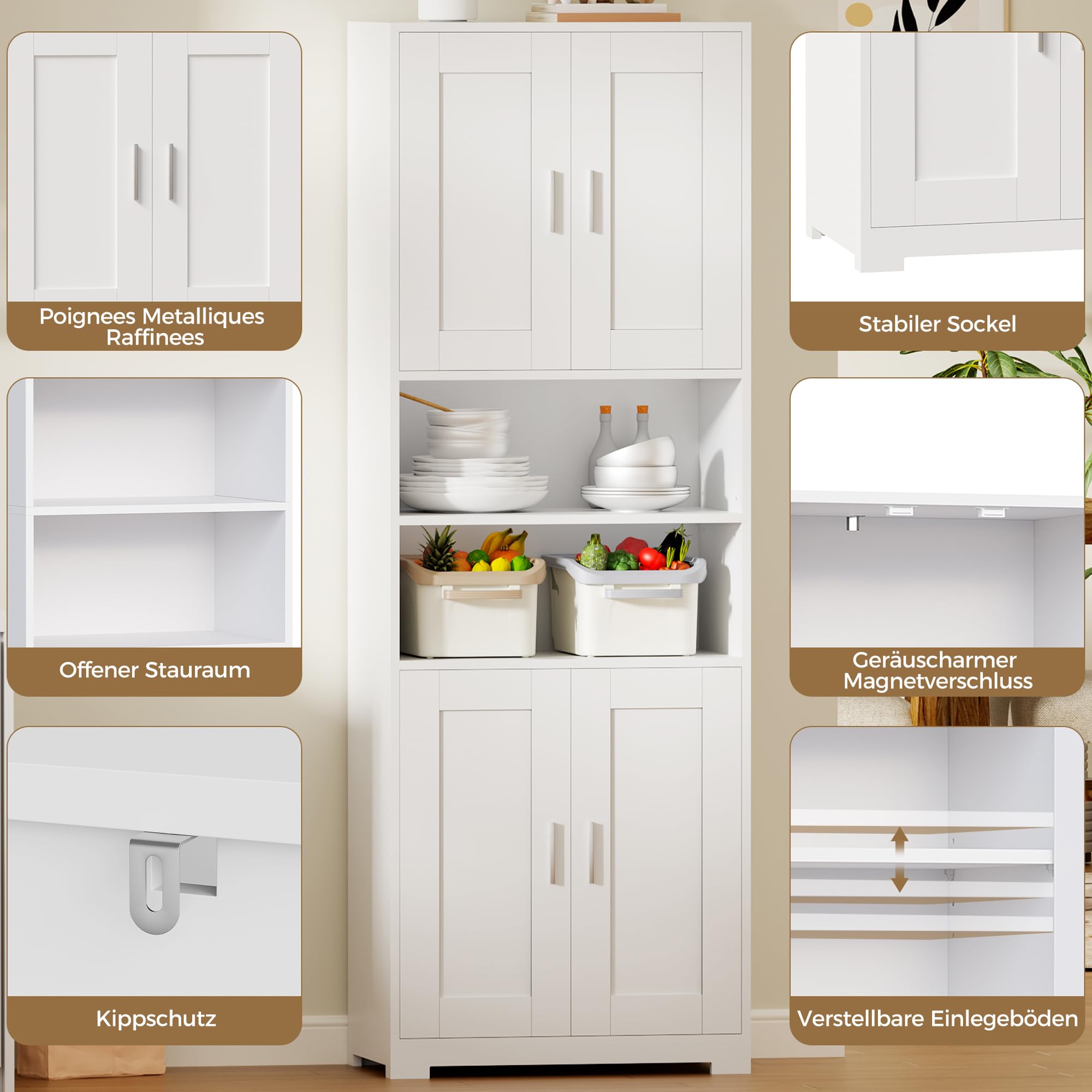 BEWISHOME Badezimmerschrank Hoch, Bad hochschrank, Badschrank Hochschrank mit 4 Türen und Verstellbare Ablagen, für Badezimmer/Wohnzimmer/Küche, Weiß, 30 * 60 * 170cm EYYG09W