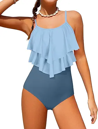 Girls Swimsuit Color Block One Piece Swimsuit 2-Tiered Ruffle Bathing Suit Adjustable Strap Girls' Swimwear 7-16Y