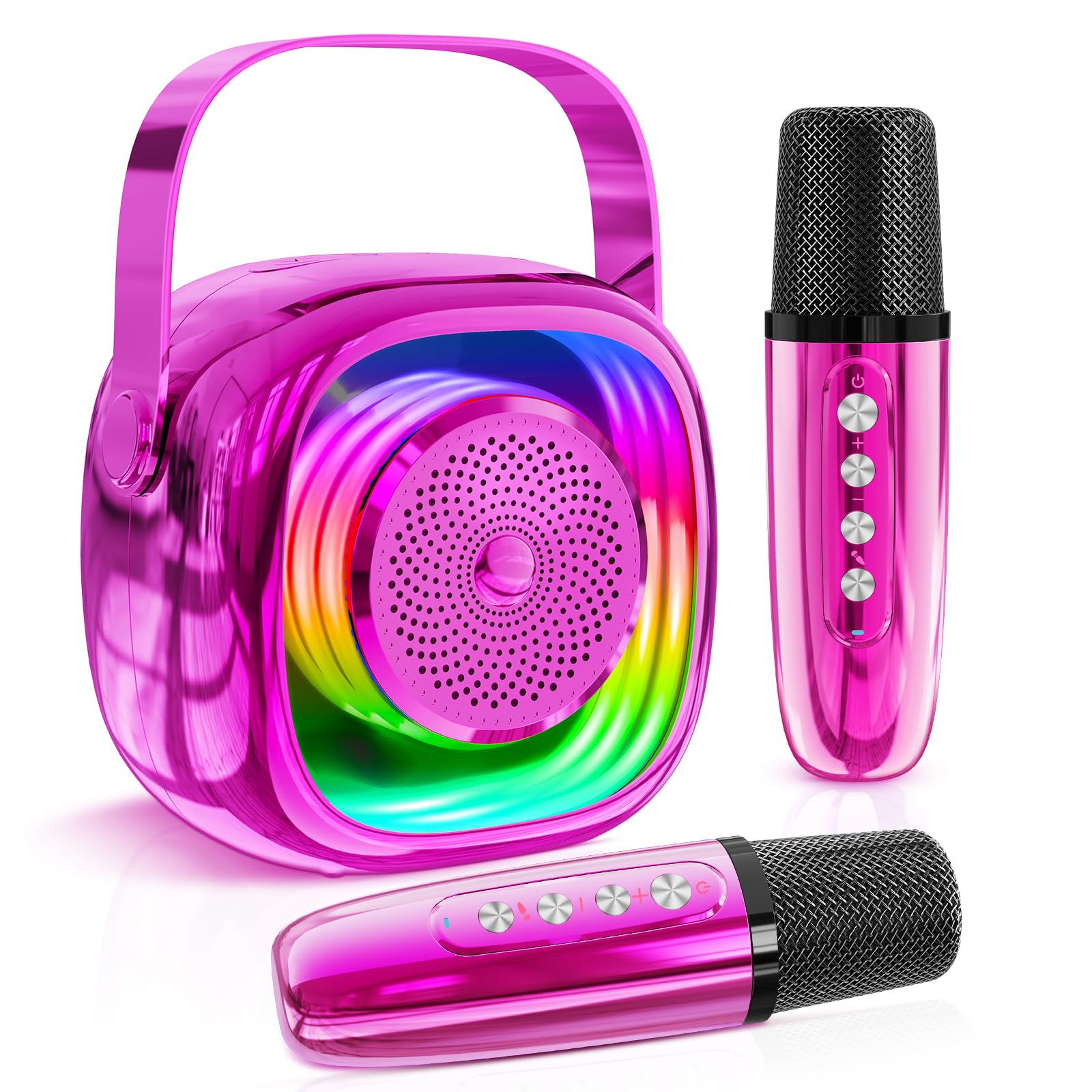 JYPS Karaoke-machine voor kinderen, met 2 karaoke-microfoon, mini-karaoke- machine met 6 stemeffecten en led, bluetooth-muziekluidspreker, speelgoed, cadeaus voor meisjes en jongens, 3-12 jaar (roze