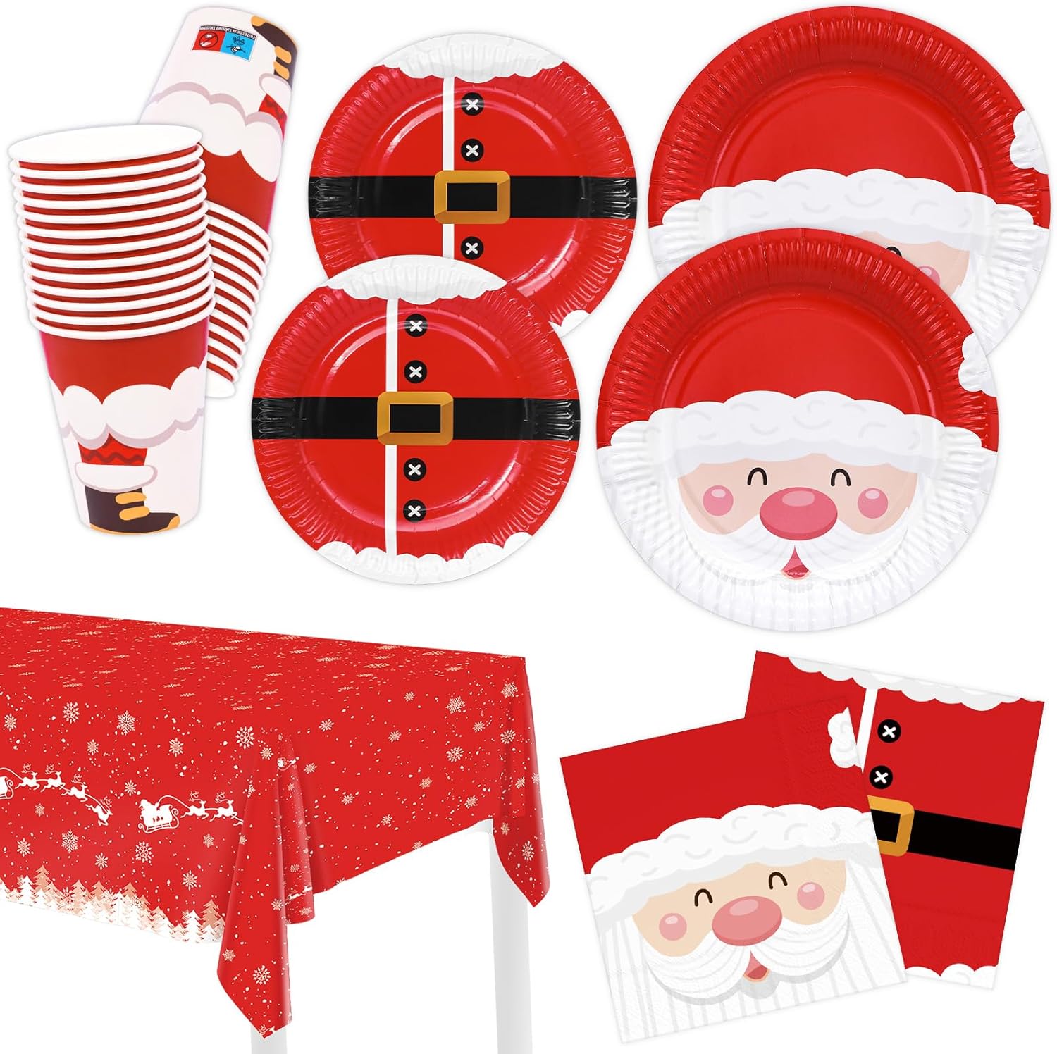 Christmas Party Paper Plates Napkins Tableware Set 101PCS Dinner Plates, Paper Napkins, Dessert Plates, Paper Cups, Tablecloth Disposable Santa Claus Red Party Dinnerware Set Table Decorations