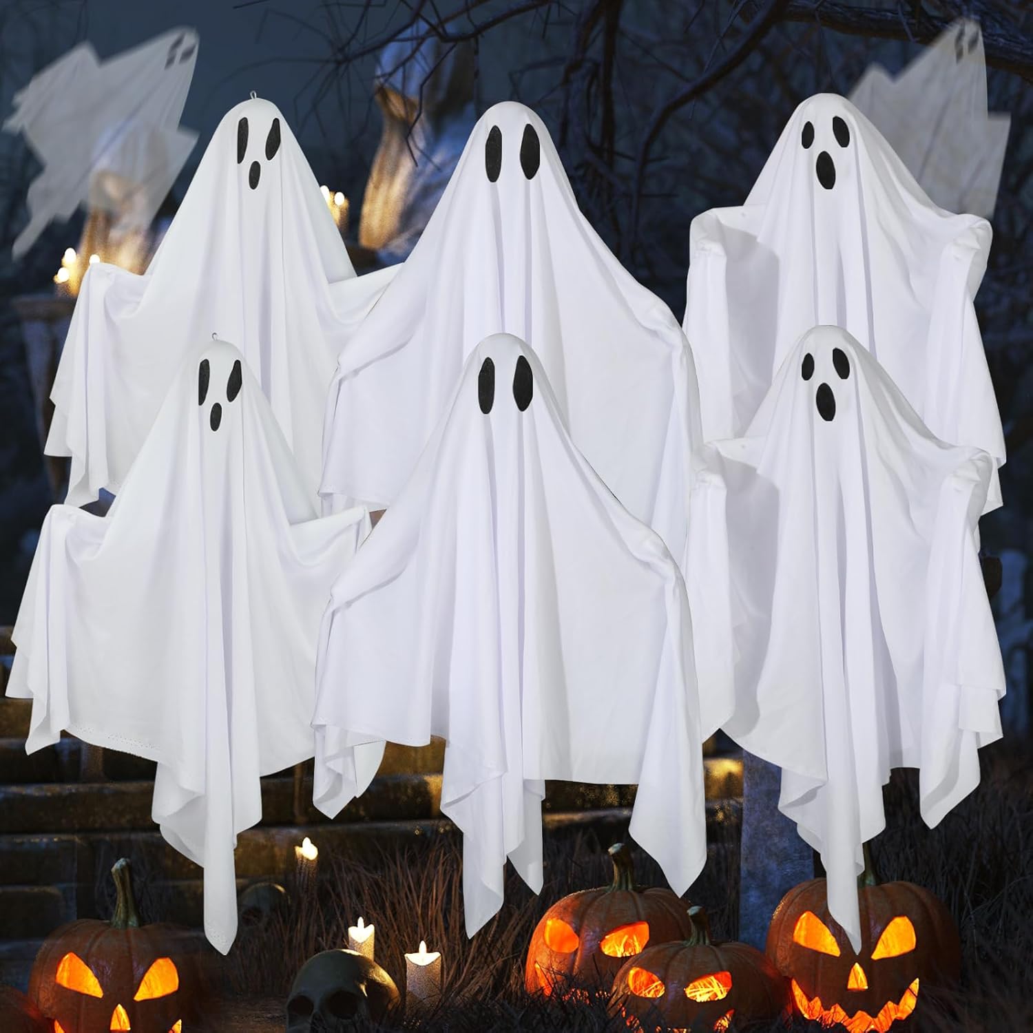 6 Pack Halloween Hanging Ghost Decorations 27.6" Halloween Outdoor Hanging Ghosts White Flying Fabric Ghosts Decorations for Outdoor Front Yard Patio Lawn Garden Trees Party Decor