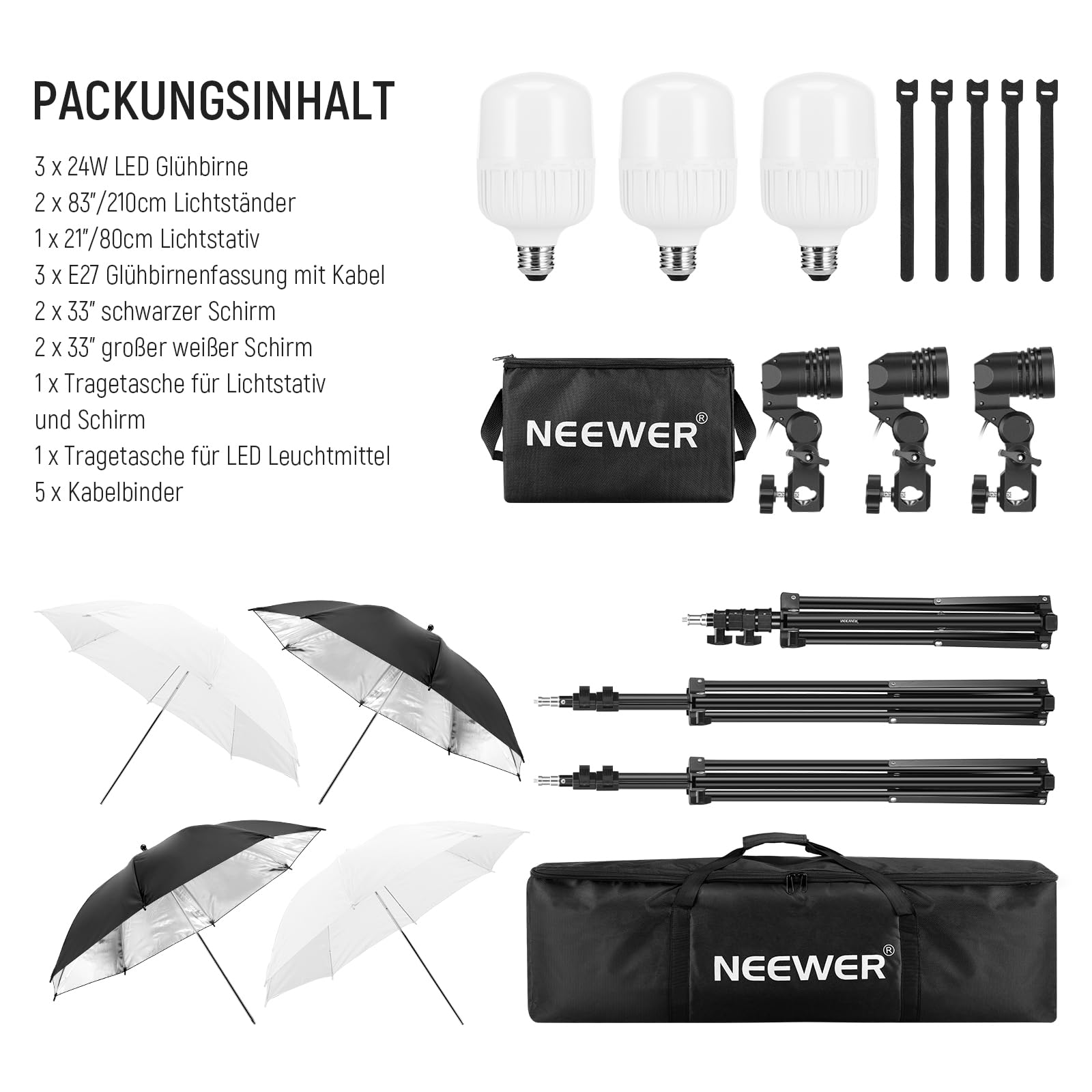 NEEWER 600W Fotografie Beleuchtungsset, Glühlampen Äquivalent Studioset mit (2) Weißem Schirm, (2) Schwarzem Schirm, (3) 24W LED Birne (3) Lichtstativ (2) Tasche (5) Kabelbinder (3) E27 Sockel, NK500