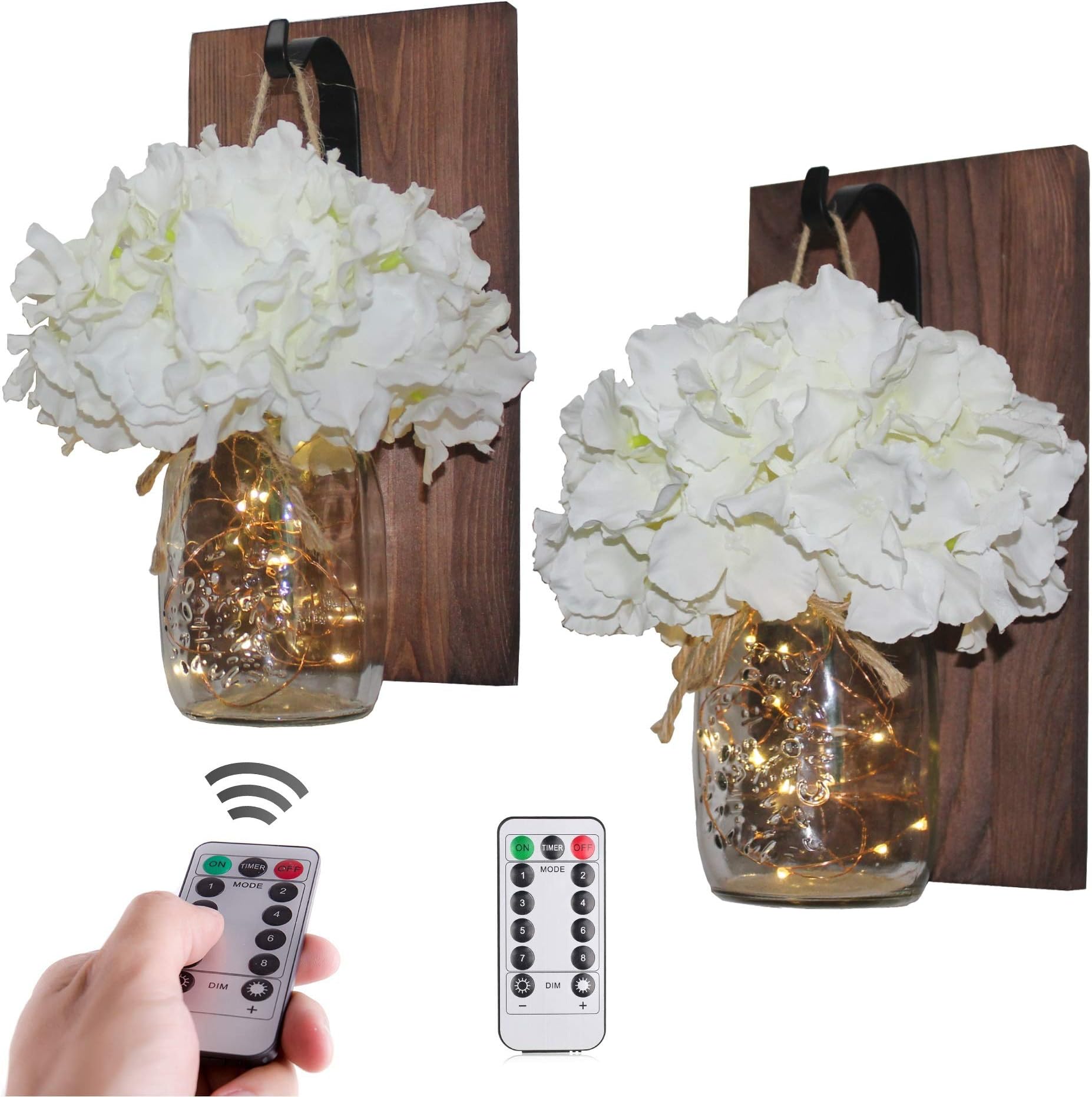 Mason Jar Decor Wall Sconce,16OZ Mason Jars,20 LED Lights with Remote Control,Wrought Iron Hooks,Wood Boards,Silk Flowers(Set of 2)