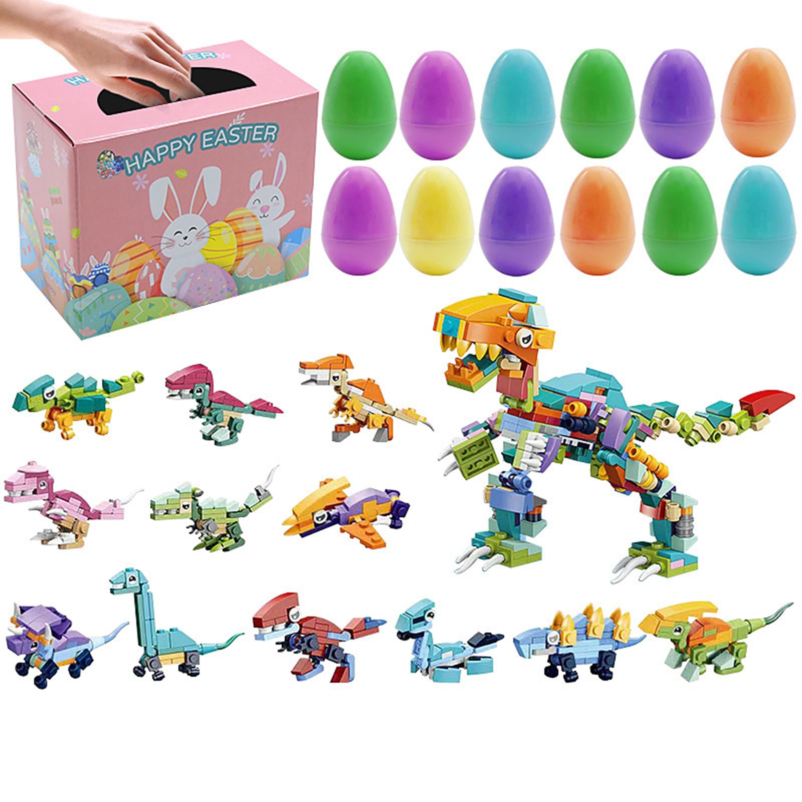 Zestaw 12 plastikowych jajek z klockami dinozaurów na wielkanocne kosze, zabawki edukacyjne, nagrody, niespodzianki na imprezy