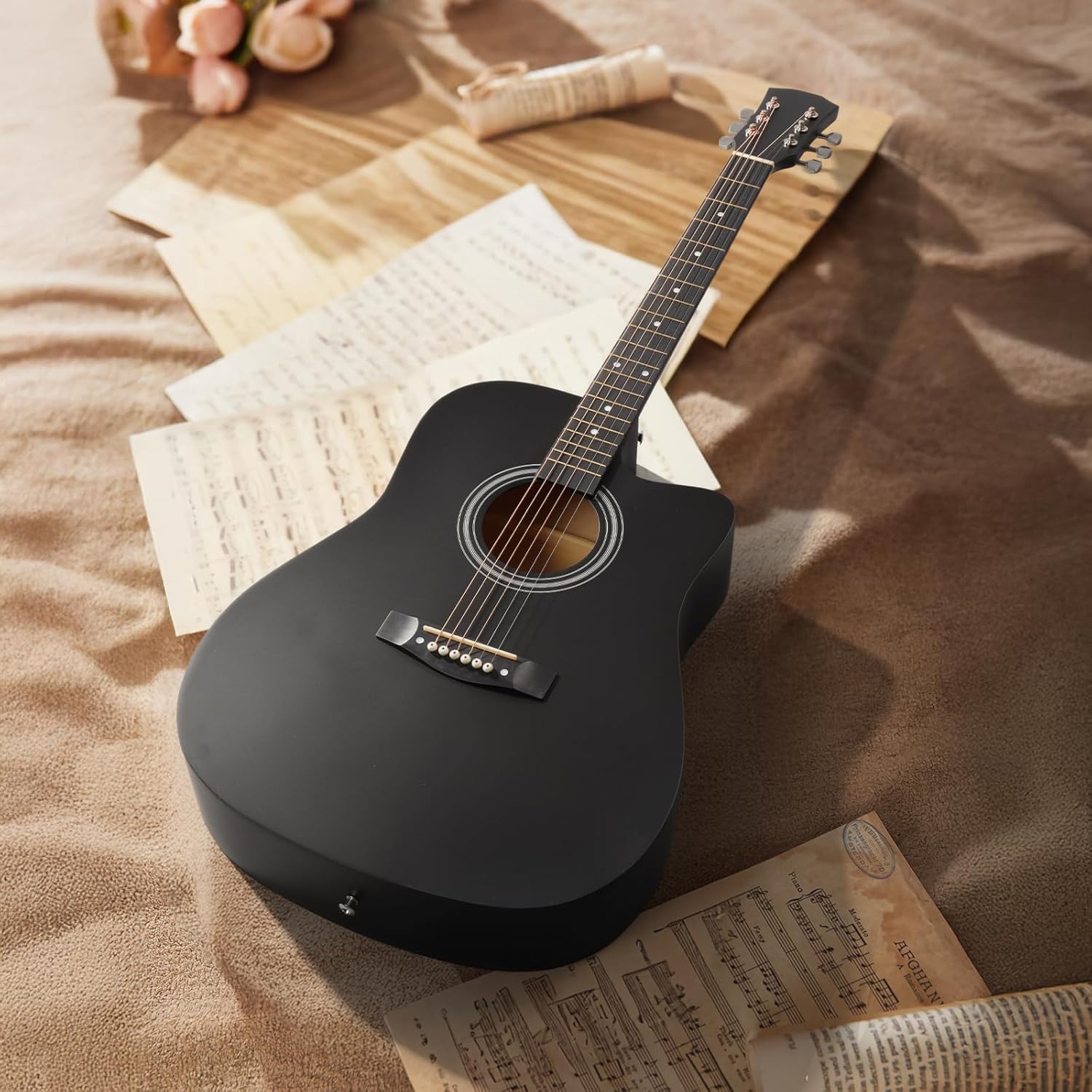 Ktaxon 41 Inch Beginner Acoustic Guitar, 6 String Basswood Classical Guitars Full Kit with Bag, Strap, Picks, Capo for Adults & Players, Black