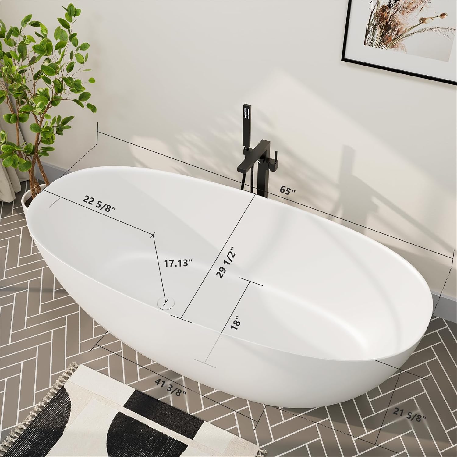 GIVINGTREE 65'' Freestanding Solid Surface Resin Stone Bathtub, Contemporary Design Stand Alone Tub with Pop-up Drain and Overflow, cUPC Certified, Matte White (Oval)