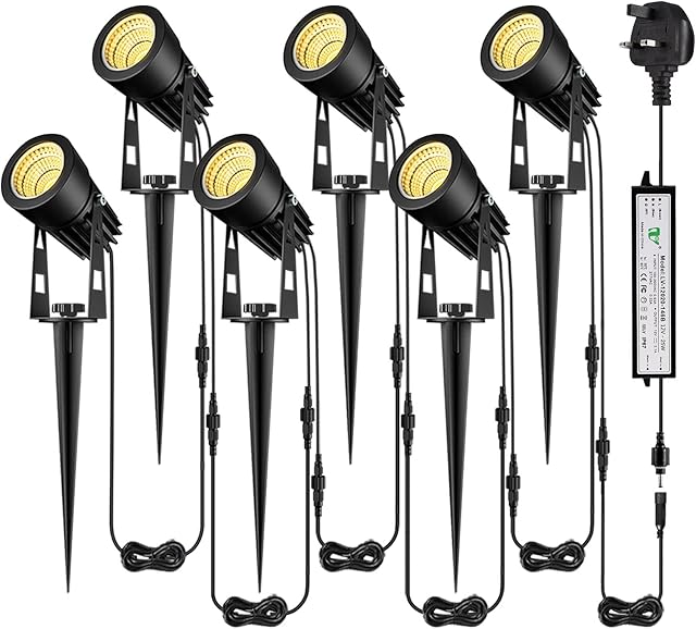 Garden Spotlights Mains Powered, B-right Upgraded 21M 68.9ft 6-in-1 Extendable to 12 Spike Lights with BS Plug 12V Garden Lights Outdoor IP65 Waterproof for Pathway Yard Landscape (Warm White, 18W)