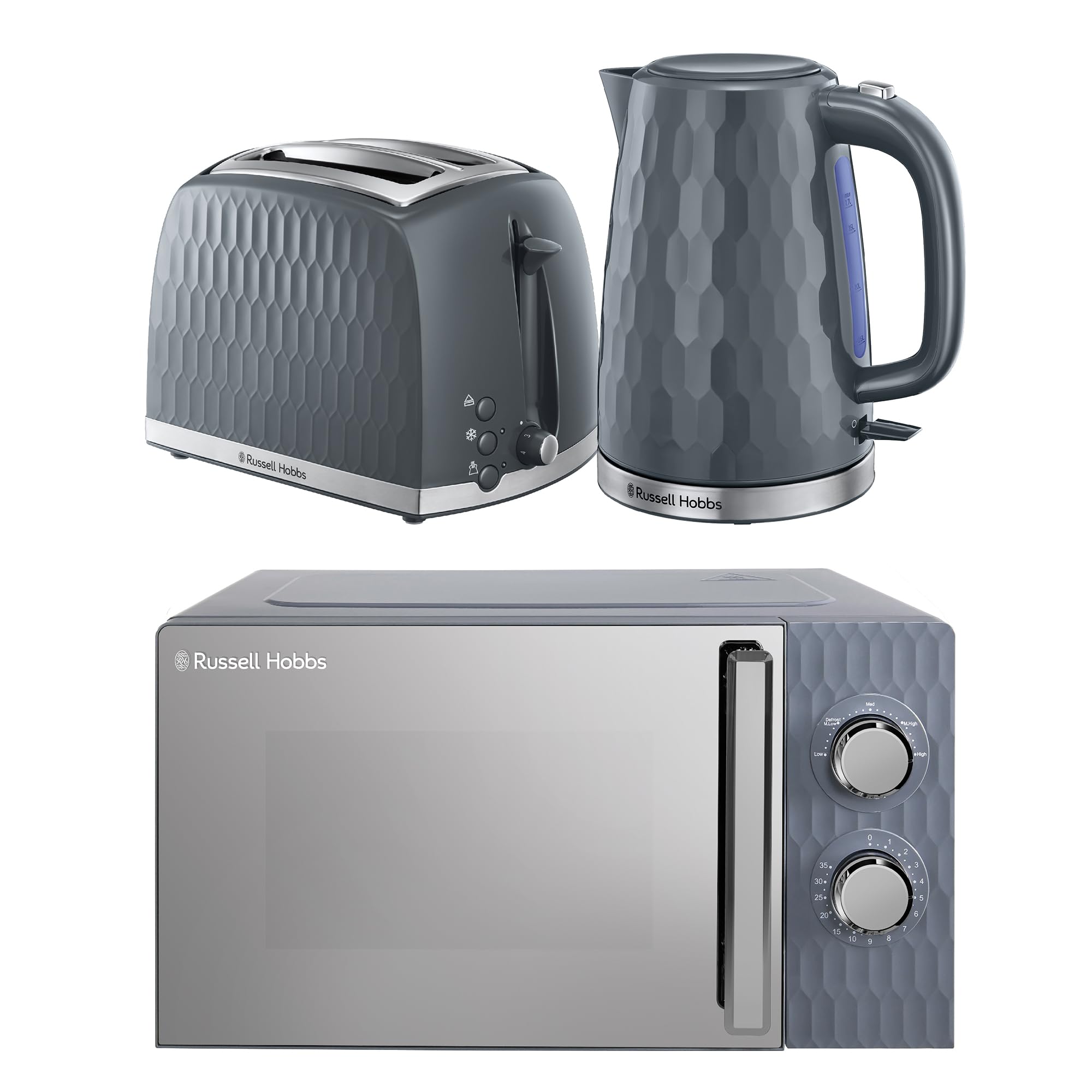 Russell Hobbs Honeycomb Grey Kitchen Set, 1.7L 2400W Kettle, 2 Slice Toaster with Dual Browning Levels & 17L 700W Microwave with 5 Power Levels, Defrost & Reheat Functions HCBNDL2G