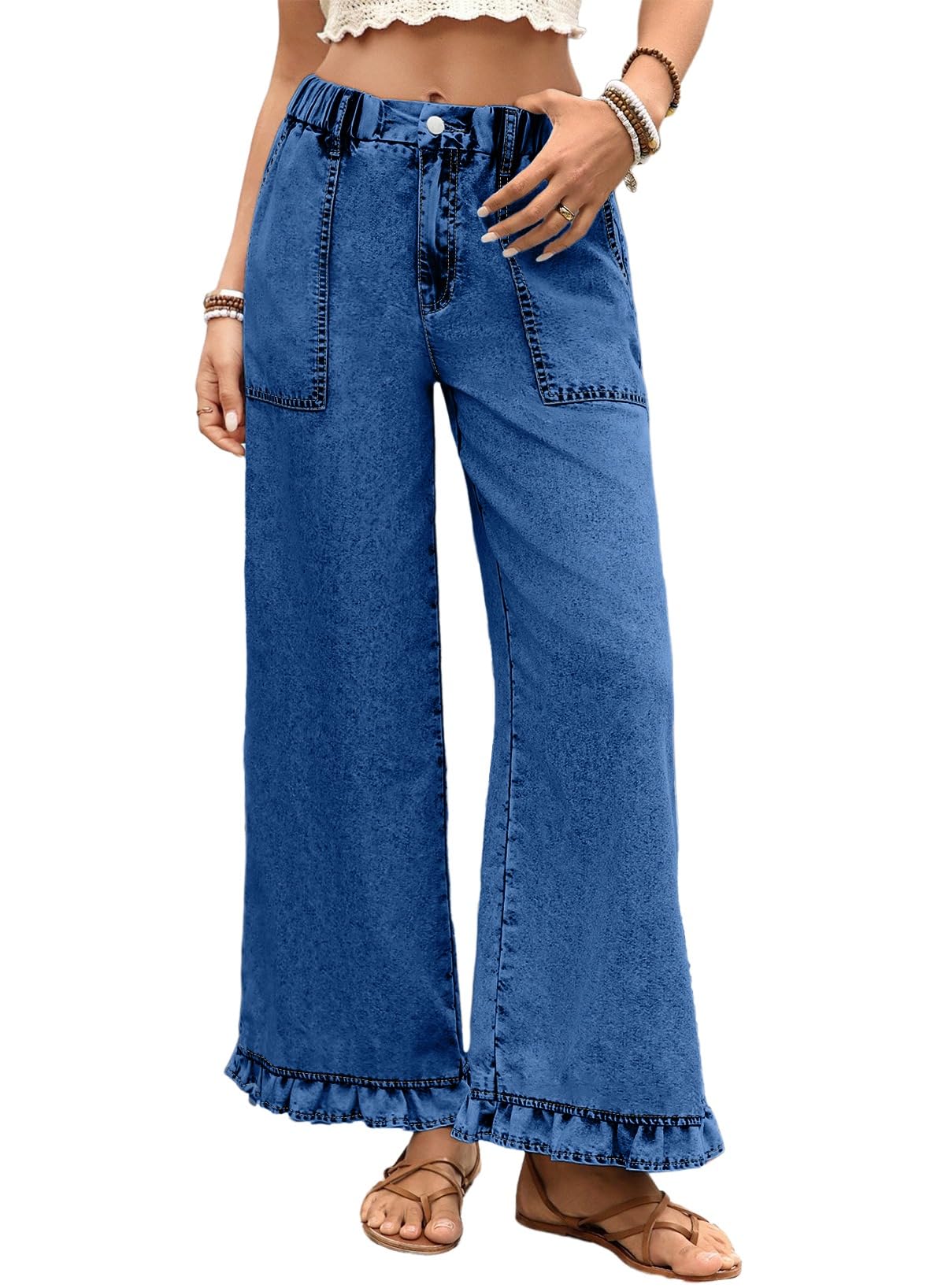 Astylish Wide Leg Ruffle Hem Jeans