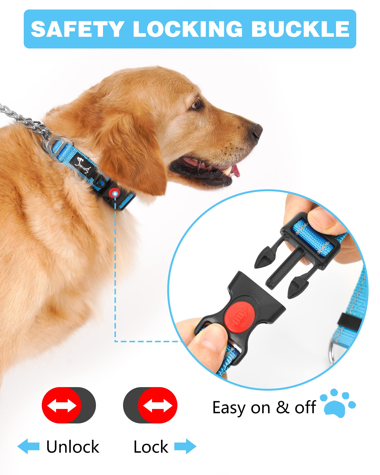 PETTOM Collare Semistrozzo per Cani Cane Addestramento Collari con Catena Regolabile Riflettente Anello di Metallo Nylon Imbottito Fibbia di Sicurezza Martingale Collare per Camminare Allenarsi Blu