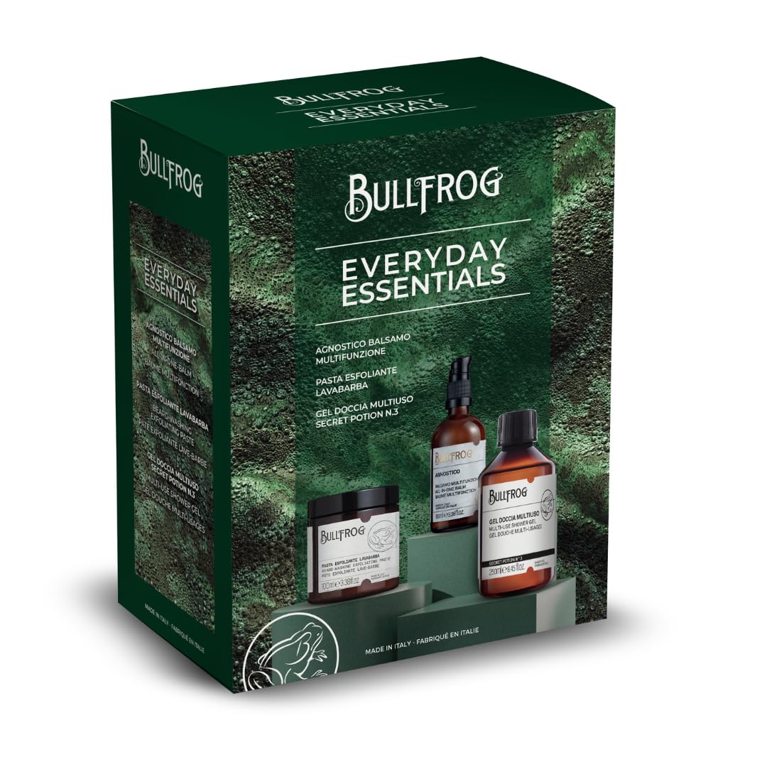 Bullfrog - Kit Everyday Essentials, Agnostico Balsamo Multifunzione Originale 100ml, Pasta Esfoliante Lavabarba 100ml, Gel Doccia Multiuso Secret Potion N.3 250ml