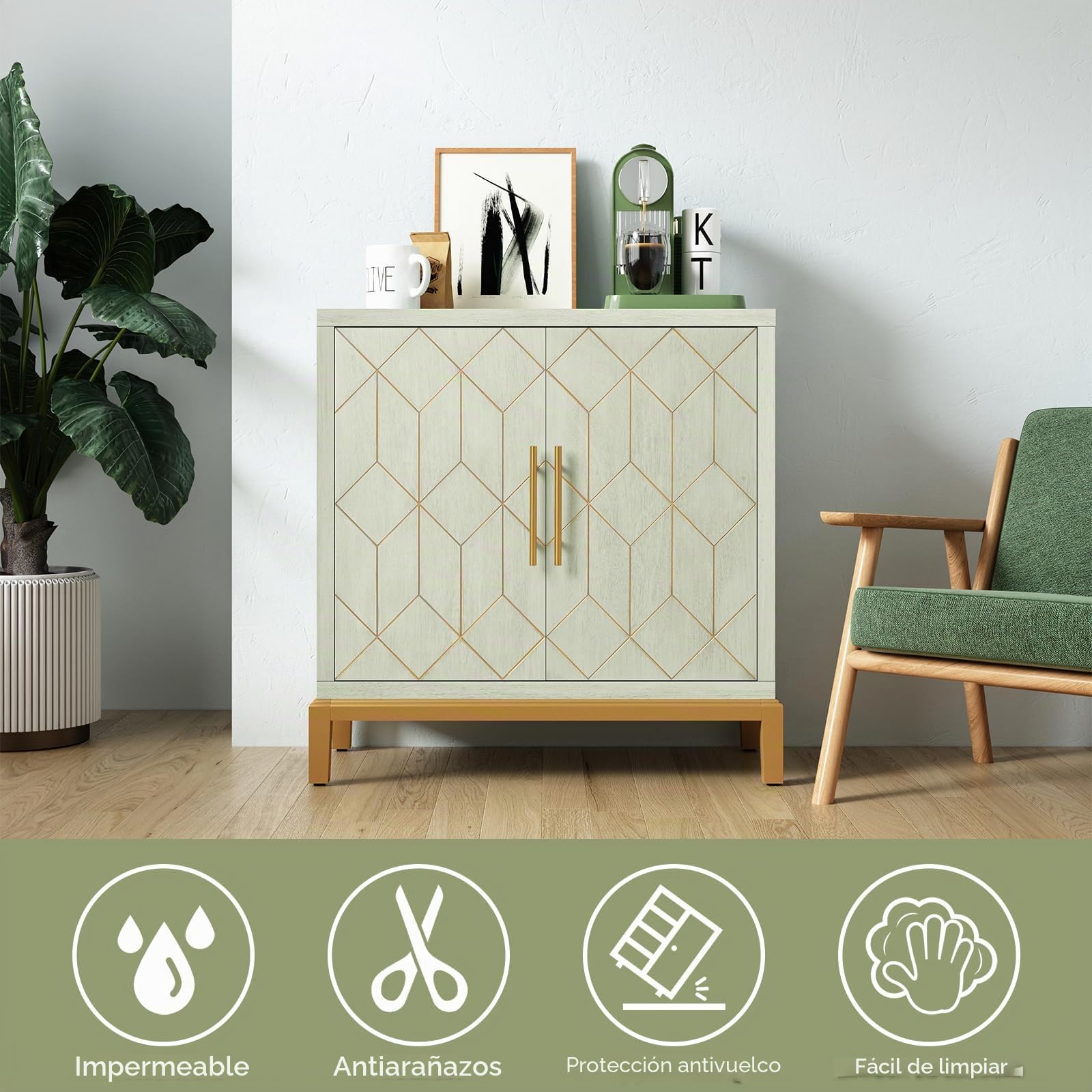 HOLTICO Armario de cocina, armario de baño, armario de salón, armario verde con estante ajustable, armario independiente para cocina, baño, salón, garaje, líneas doradas y patas