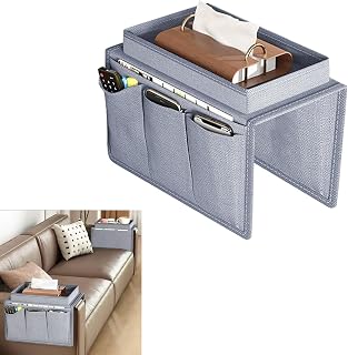 chiquieray Organizador de sillón, organizador de sillón, bolsa de almacenamiento colgante para reposabrazos de sofá, bandeja colgante para sillón con portavasos, color gris
