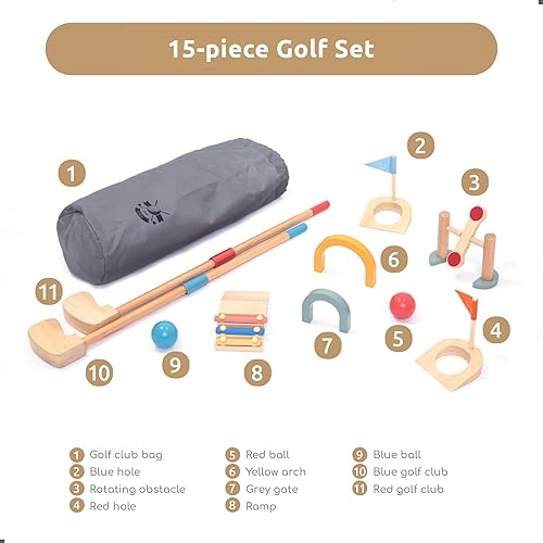 Miniatura 4 de umu Juego de minigolf de madera para niños, 6 obstáculos, juguete de golf para interiores y exteriores con pelotas y palos, juguete de aprendizaje