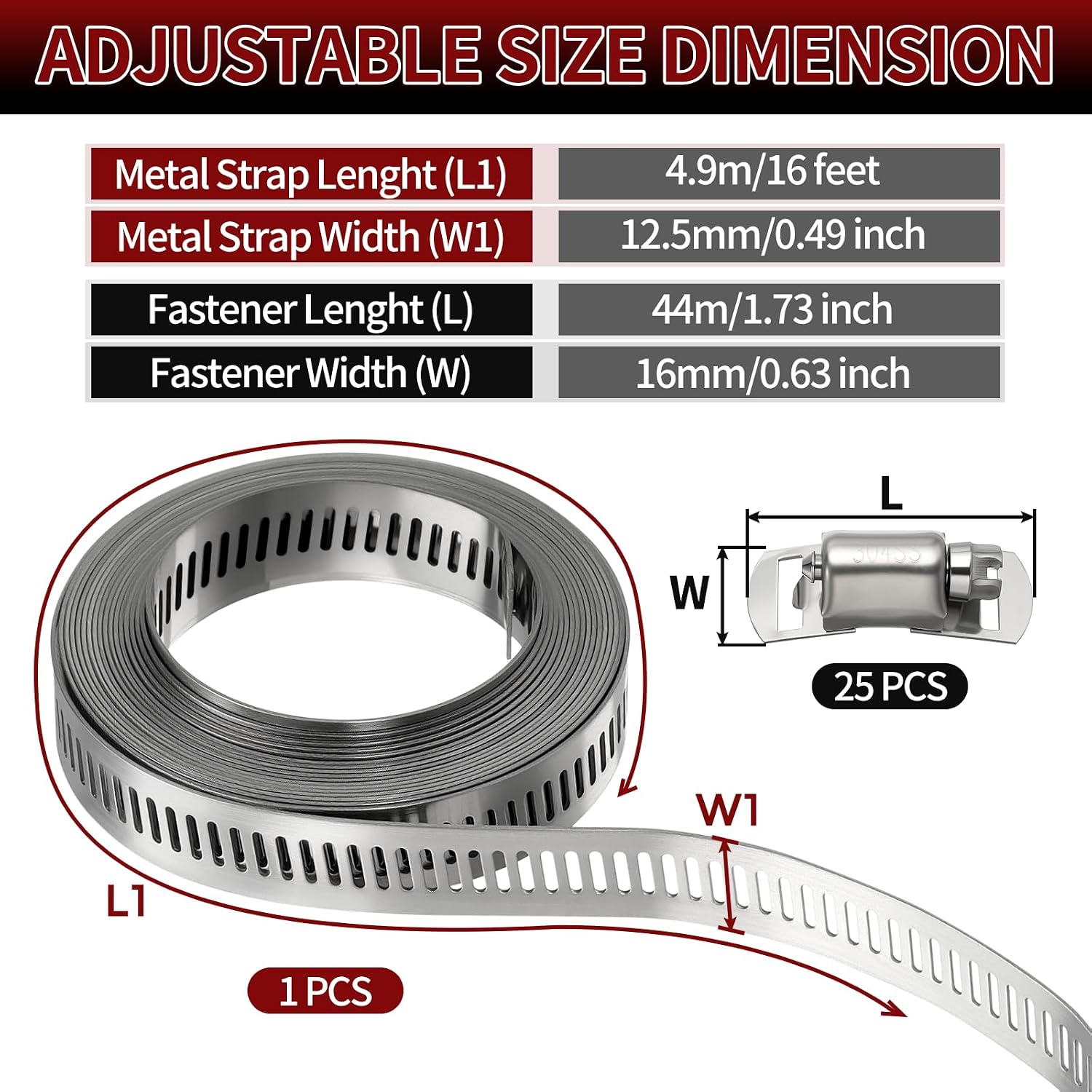 1 Pack 304 Stainless Steel Band Hose Clamps, DIY 16 Feet Metal Strap + 25 Heavy Duty Fasteners, Worm Gear Hose Clamps Screw Clamps Assortment Kit, for Automotive, Mechanical, Duct