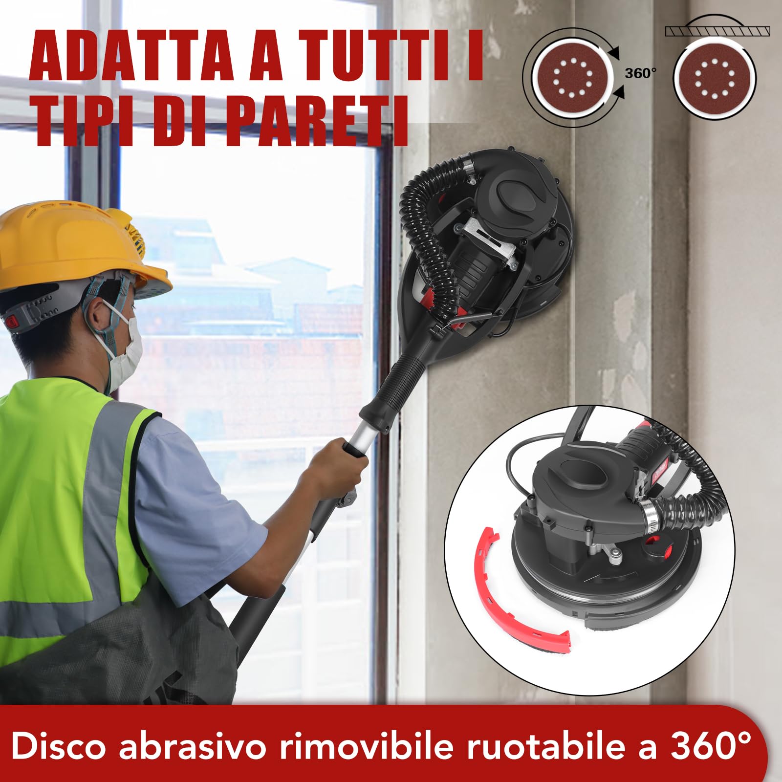Levigatrice per Muro 880W con aspirazione polvere, 5 velocità (1000-2100 RPM), lisciviazione angoli morti, manico telescopico, LED, strumento rimozione popcorn soffitto 【compatibile aspiratori】