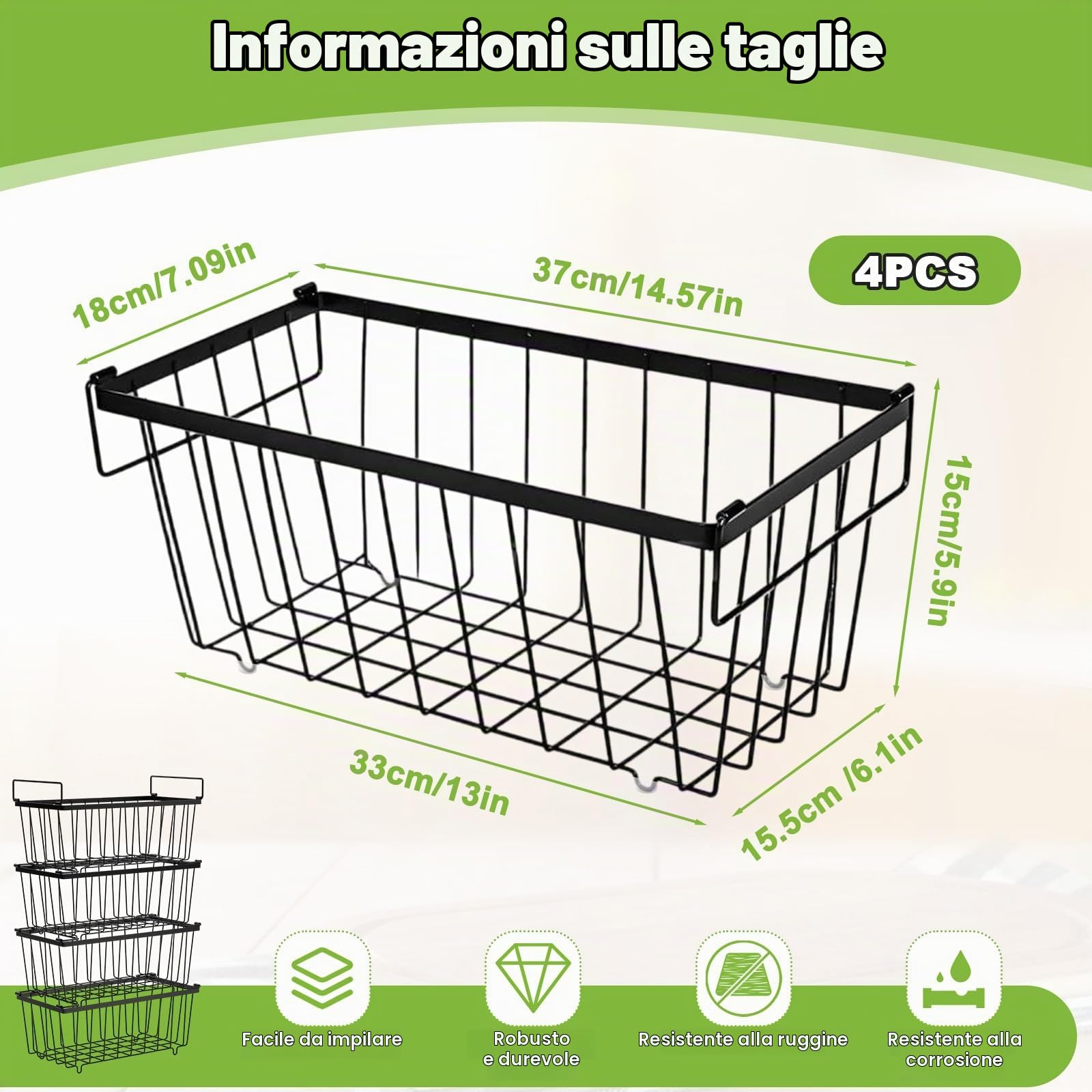 4 Cesti Congelatore con Manici, Contenitori Organizer Congelatore Pozzetto Filo Metallico Impilabile, Cesto Metallo Freezer Cestini Portaoggetti Frigorifero per Facile Accesso Agli Alimenti Surgelati