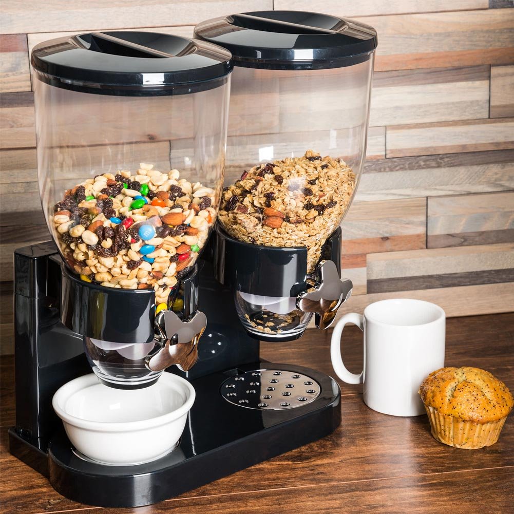 BAKAJI Dispenser Storage Dosatore Distributore Erogatore Cereali Pasta Caramelle Dolci Frutta Secca con Rotella Doppio Contenitore da 8 lt e Dosatore Interno (Nero)