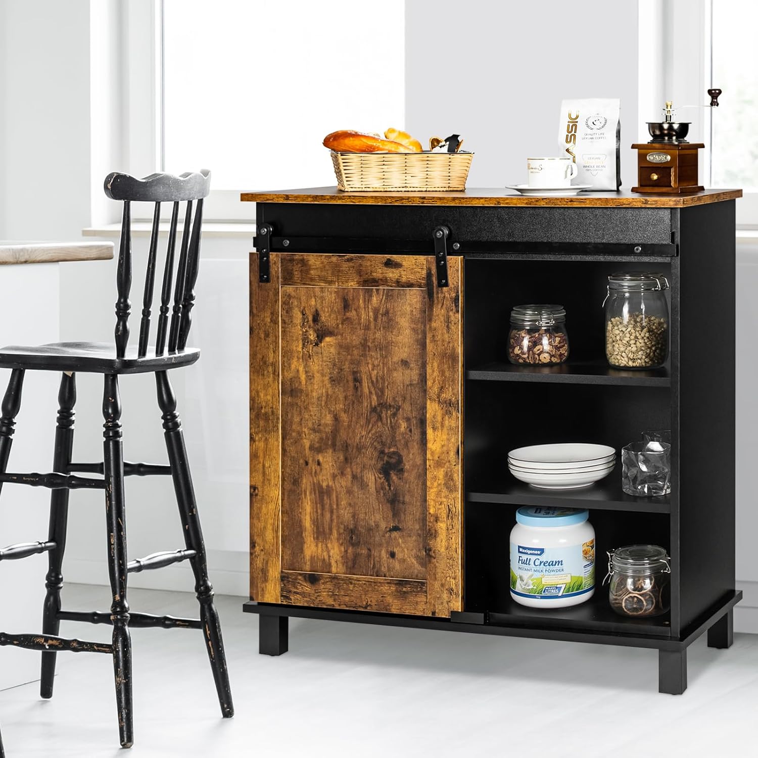 LOKO Industrial Wine Cabinet, Stylish Coffee Bar Cabinet with Sliding Barn Door, Kitchen Sideboard Buffet Storage Cabinet with Wine Rack, 32 x 16 x 33 inches