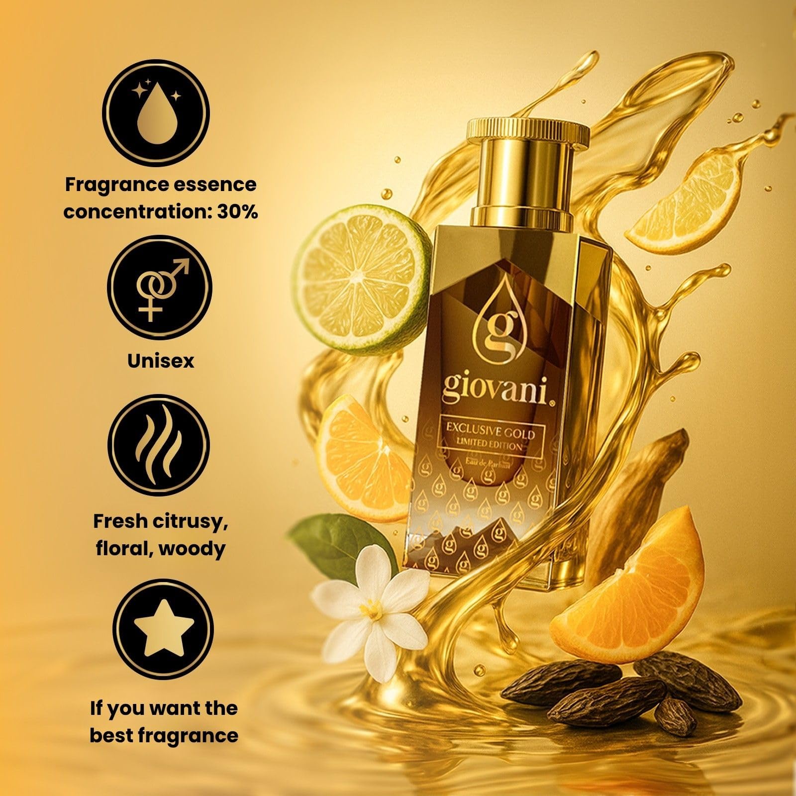 Giovani Exclusive Gold Profumo Donna e Uomo 50 ml – Profumo di Lusso con Vaniglia, Mandarino e Fiori Bianchi | Fragranza Intensa e Persistente | Eau de Parfum Elegante | Idea Regalo Raffinata