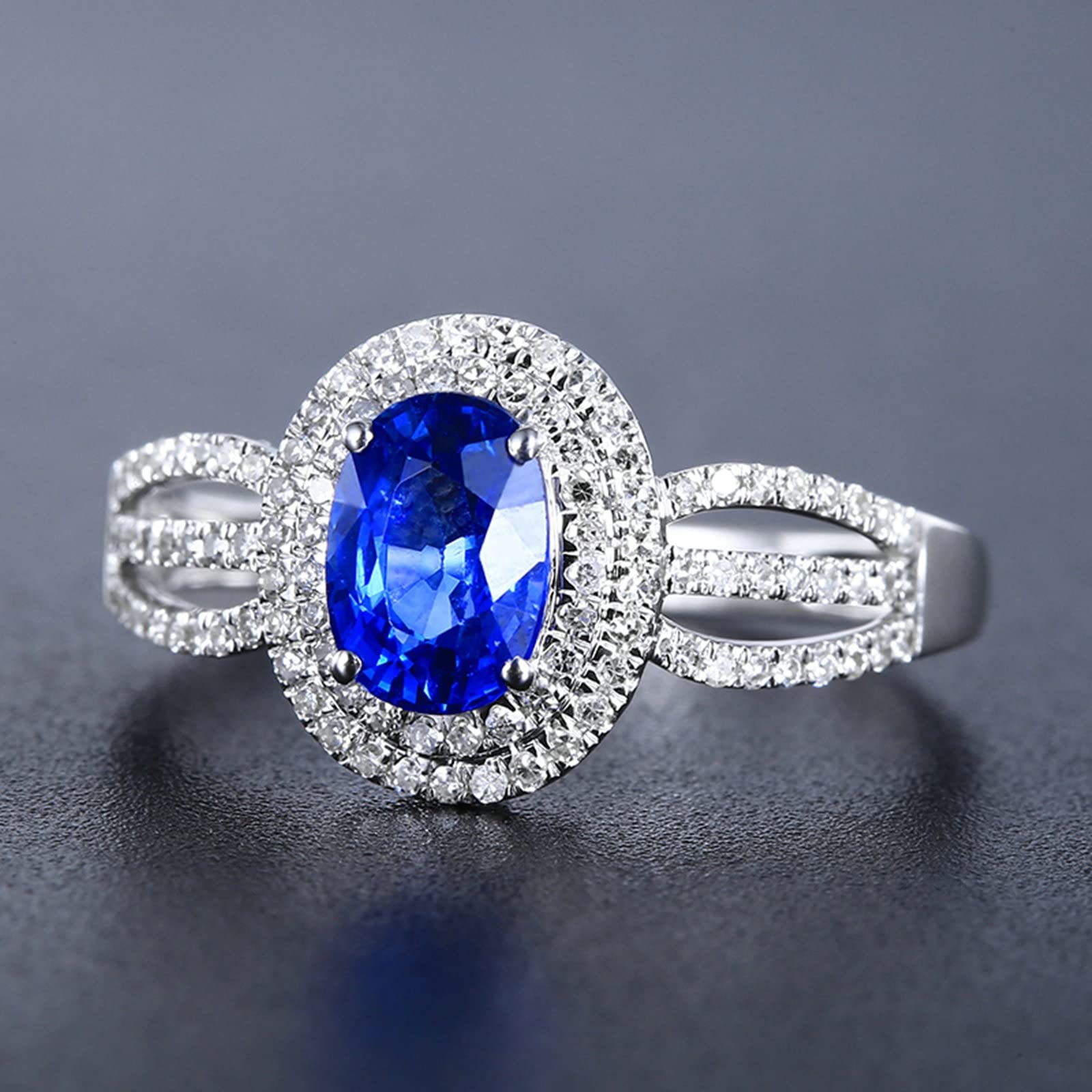 Damski pierścionek zaręczynowy z białego złota próby 750, z owalnym szafirem 1,2 ct, z diamentem, wesele, białe złoto