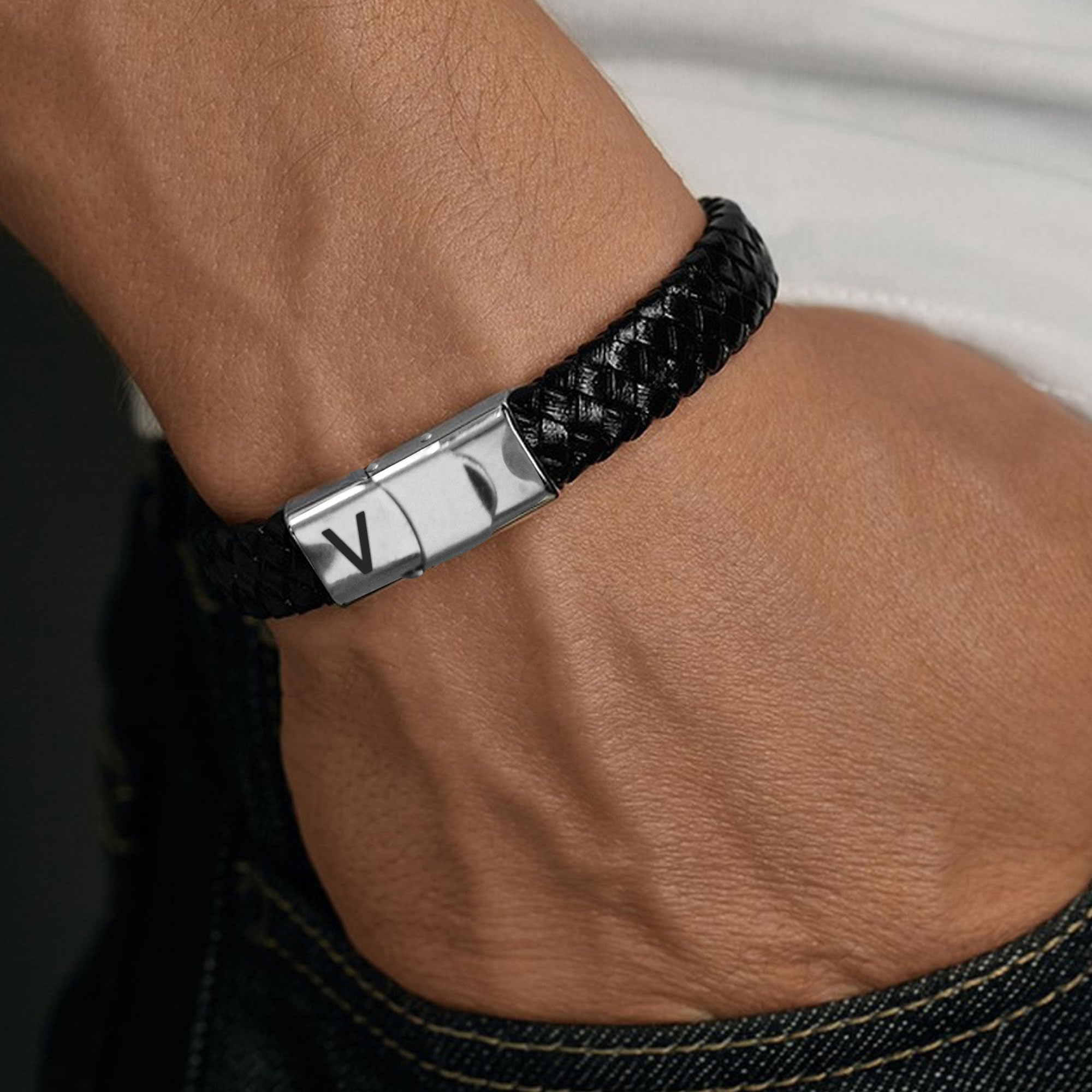 SAMINO Cuoio Nero 26 Bracciale Iniziale Per Il Mio Uomo Acciaio Inossidabile A-Z Lettera Charm Bracciale Intrecciato Per I Regali A Lui